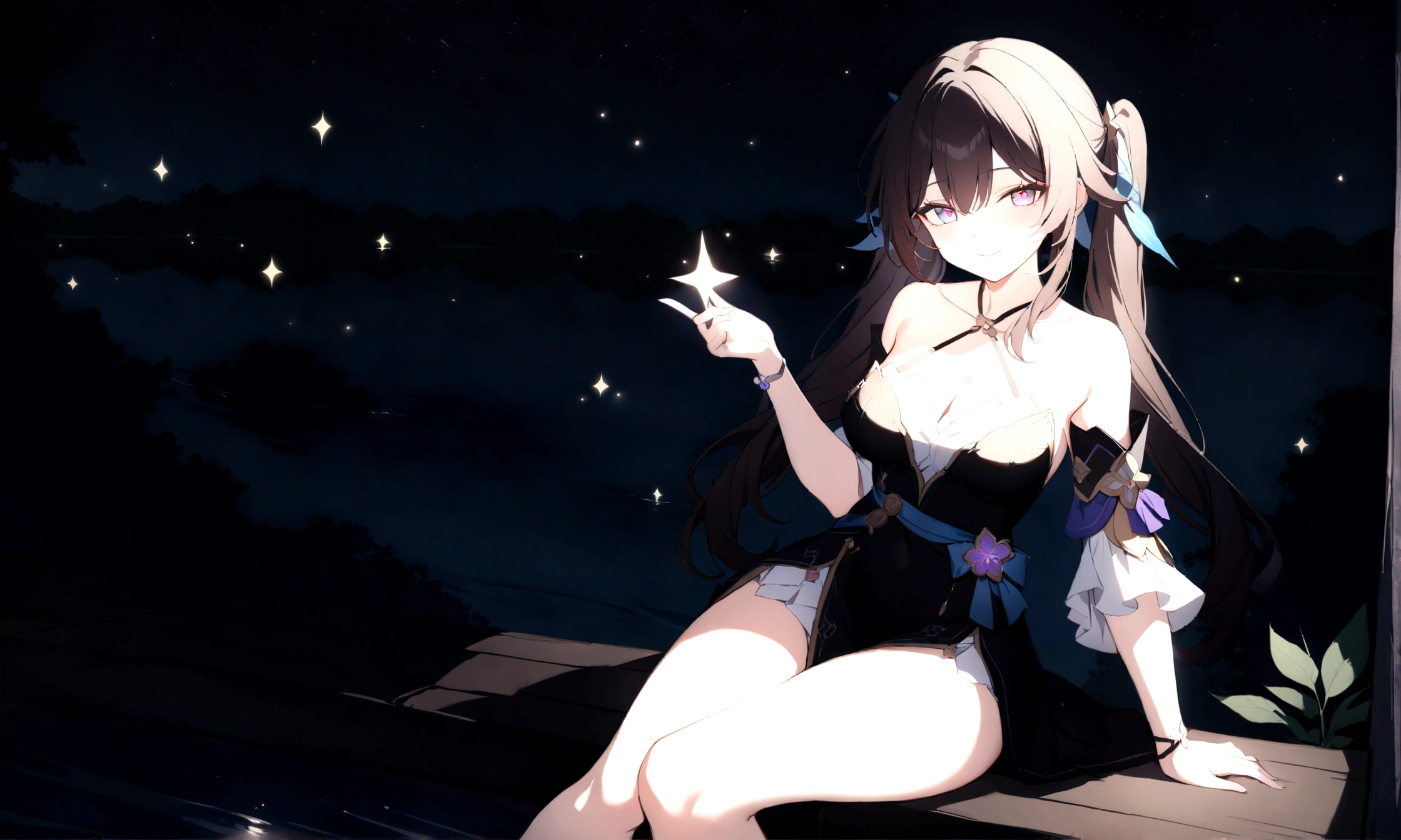 a beautiful girl (sparkle, honkai star rail), twintail dark brown hair, sitting on the edge of a dock by a forest lake, gazing at the viewer with enticing eyes, alluring smile, fireflies glowing around her in the moonlit night, (best quality,4k,8k,highres,masterpiece:1.2)