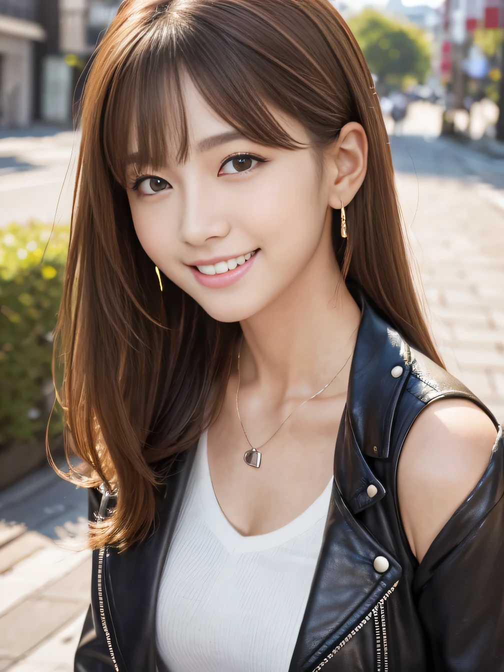 Ultra-high resolution, Superior Quality, highest quality, Very detailed, Realistic, 8k, RAW Photos, highest quality, masterpiece, Attractive girl, Awesome girl, Light brown hair、Shoulder-length layers、 Japanese Idols, Sophisticated, stylish, leather jacket、shirt、smile、Beautiful teeth alignment、ear piercing、Necklace around the neck、