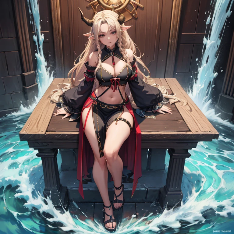 anime illustrated、Dark Fantasy、silver-haired black shrine maiden、Huge shrine on the ocean floor、the reef、thick thighs、ocean serpent、red jellyfish、moray、Stand in front of the altar、huge tit、thigh、seminude