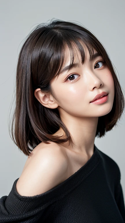 (((Close-up of face)))、(((Absolutely shoulder-length brown straight short bob)))、(((She is posing like a hair salon model, with a black wall indoors as the background.)))、(((Casual black winter long sleeves with shoulders covered)))、Half Japanese, half Korean、18 year old girl、Standing Alone、Looking forward、Light eye makeup、Brown Hair Color、Flat and 、Hair blowing in the wind、Actress Quality、Glossy, ultra-realistic face、Smiling face、Watery eyes、Gazing Up、Subtle lighting effects、 Ultra-Realistic Capture、Very detailed、High resolution 16K close up of human skin。Skin texture must be natural、The details must be such that pores can be clearly seen、The skin is healthy、Uniform tone、Use natural light and colors、A worn-out, high-quality photo taken by a model agency&#39;s in-house photographer.、smile、(((SIGMA 300 mm F/1.4,1/1000 sec shutter,ISO 400))) 