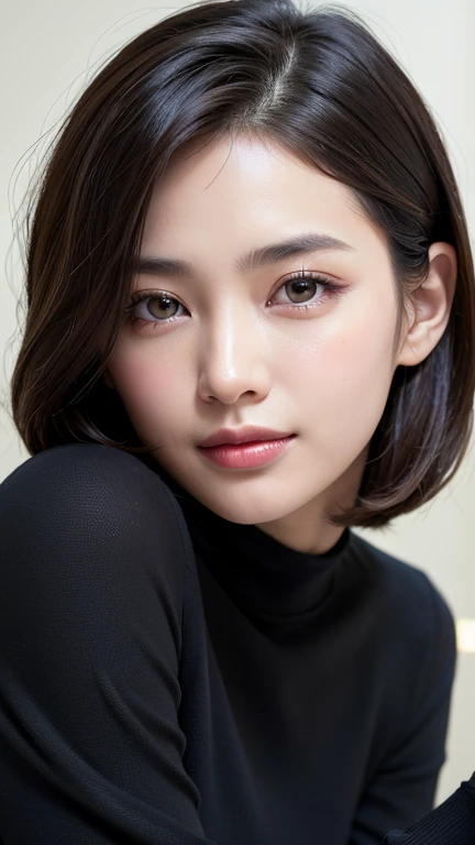 (((Close-up of face)))、(((Absolutely shoulder-length brown straight short bob)))、(((She is posing like a hair salon model, with a black wall indoors as the background.)))、(((Casual black winter long sleeves with shoulders covered)))、Half Japanese, half Korean、18 year old girl、Standing Alone、Looking forward、Light eye makeup、Brown Hair Color、Flat and 、Hair blowing in the wind、Actress Quality、Glossy, ultra-realistic face、Smiling face、Watery eyes、Gazing Up、Subtle lighting effects、 Ultra-Realistic Capture、Very detailed、High resolution 16K close up of human skin。Skin texture must be natural、The details must be such that pores can be clearly seen、The skin is healthy、Uniform tone、Use natural light and colors、A worn-out, high-quality photo taken by a model agency's in-house photographer.、smile、(((SIGMA 300 mm F/1.4,1/1000 sec shutter,ISO 400)))