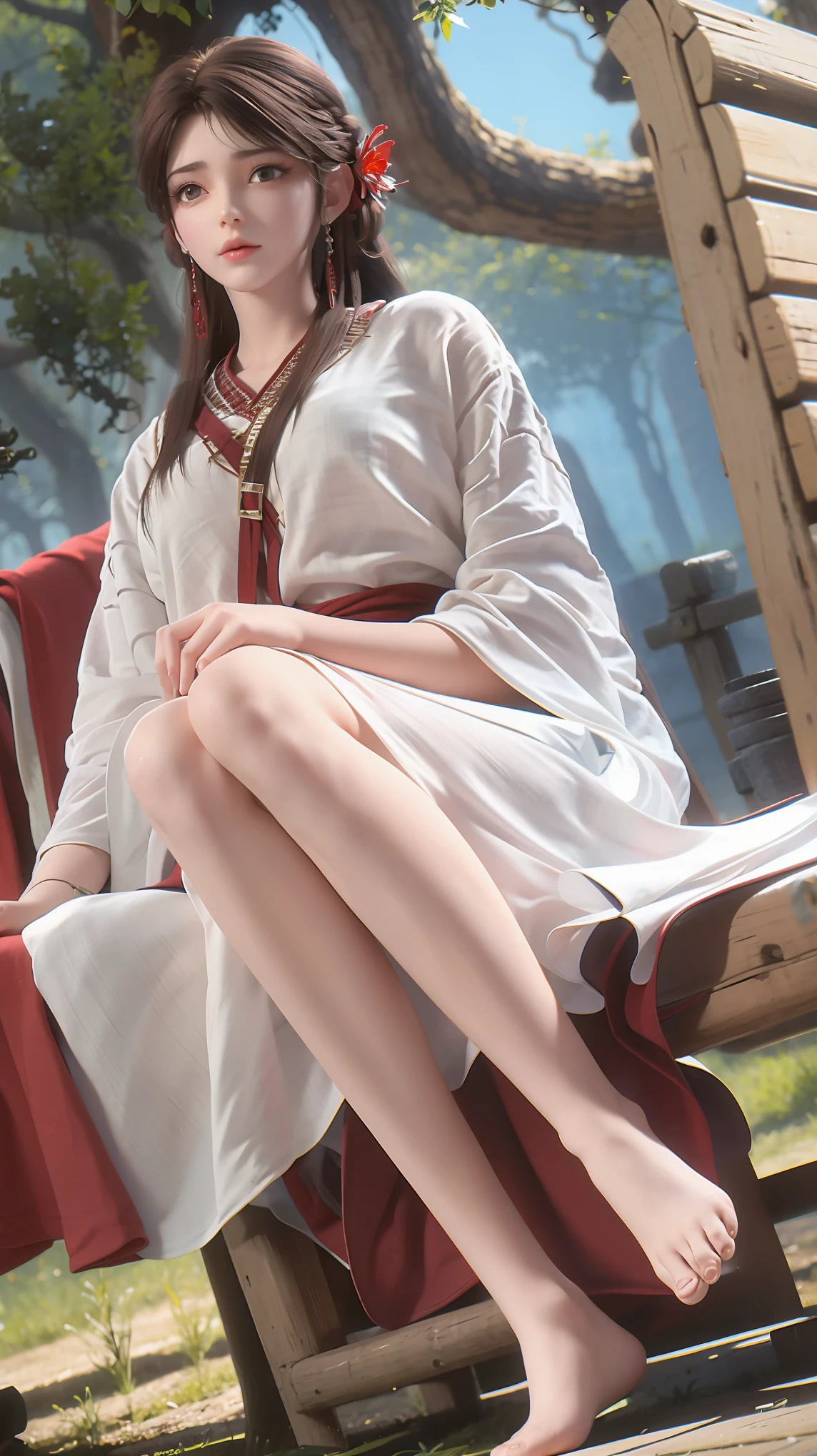 A beautiful young woman，Long hair，Wearing pajamas，（（（Sitting on the bed））），((barefoot))，Wearing a dress，Side-lying，Cross-legged，Full body shot，(Best picture quality，4k,8k，high-definition，excellent work:1.2)，Ultra Detail，Delicate eyes，Delicate lips，Extremely detailed face and eyes，Long eyelashes，Natural light，Warm colors，Soft Focus，portrait，Chiaroscuro，Deep scene，Jade hands clear