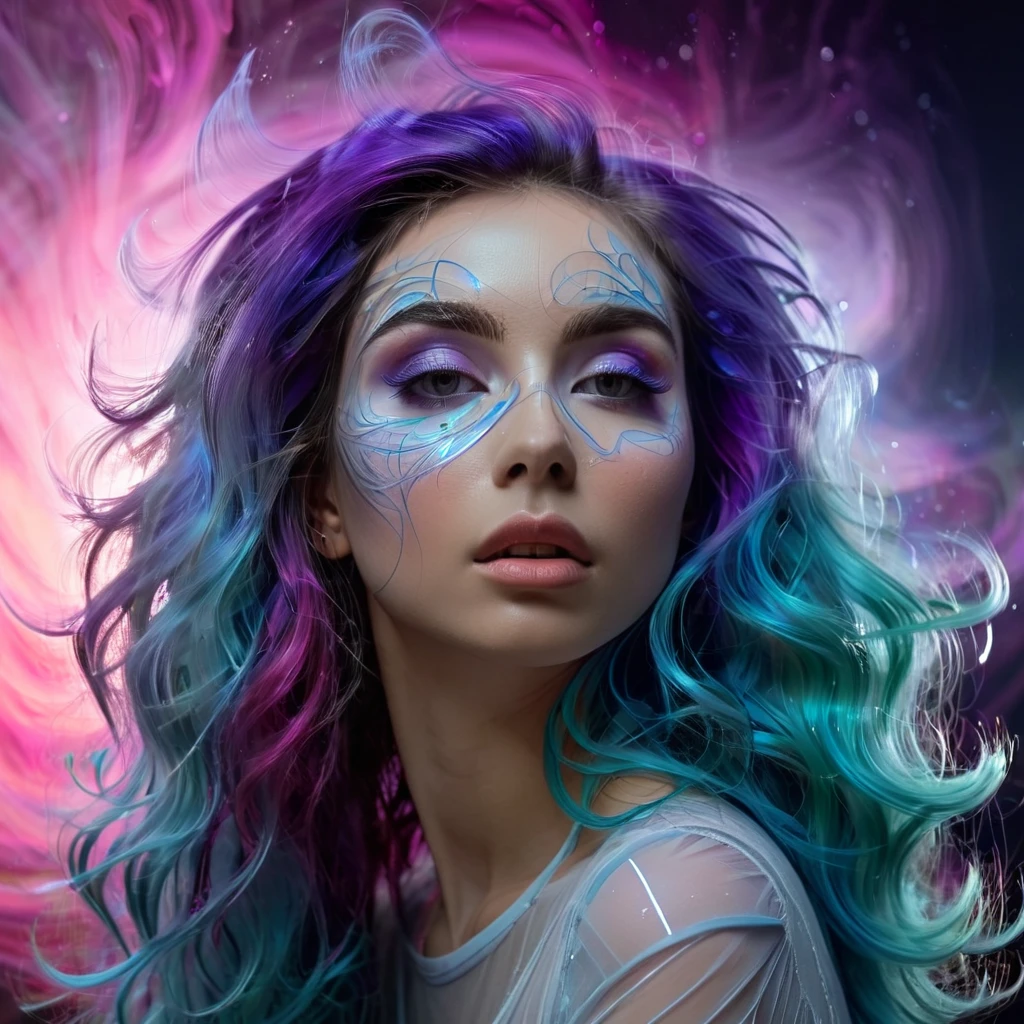 1girl, bioluminescent, over make up, shiny face, attractive, hand on cheek, astral vignette, long hair, swirl hair, provocative pose, side views, multi-color hair, fog wrapped around, epicRealism, UHD, 8k, super detailed