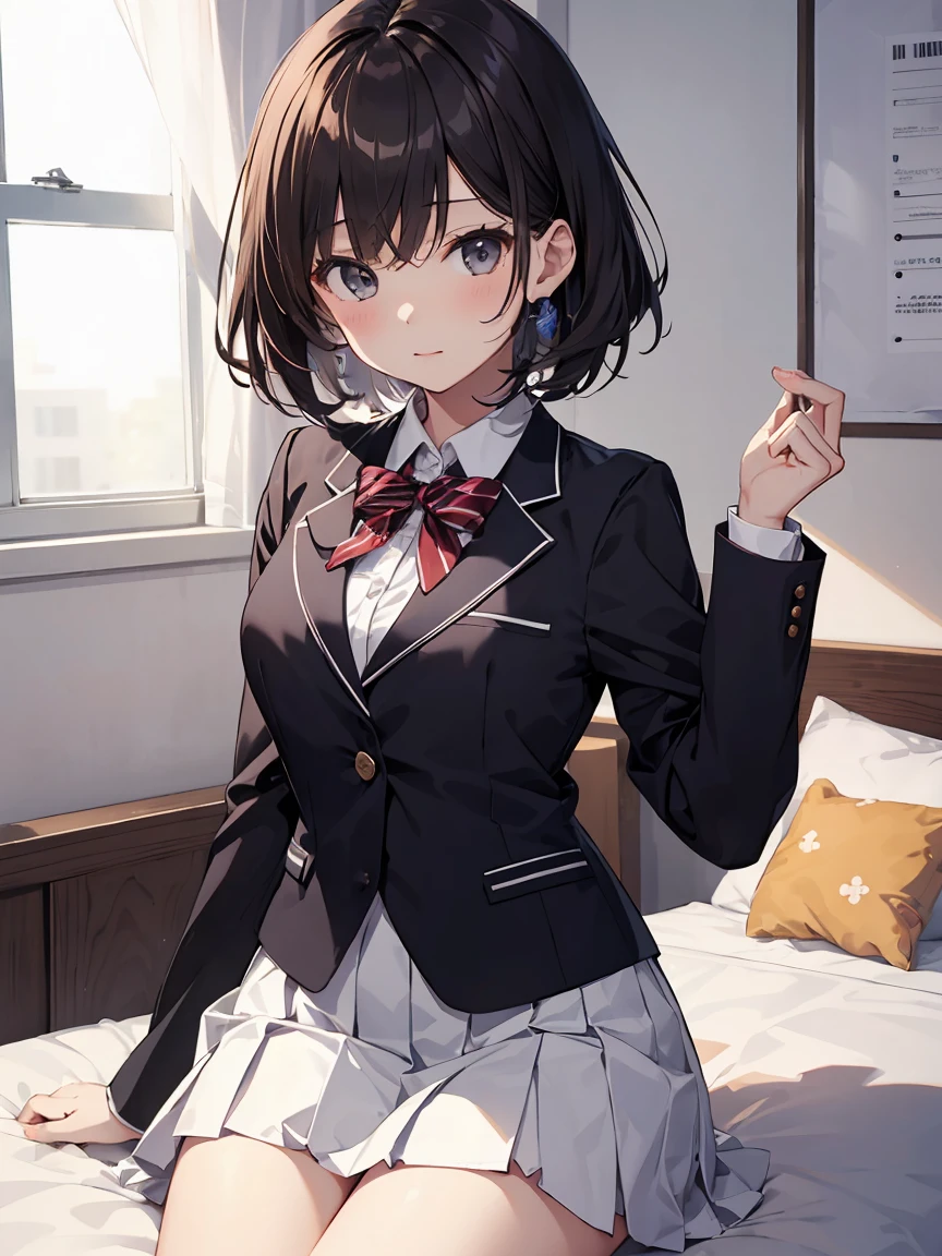 In one girl、fun、High school blazer with popular design、shirt、pleated skirt、white skirt、(small breasts ) in bed ,short hair, black eyes