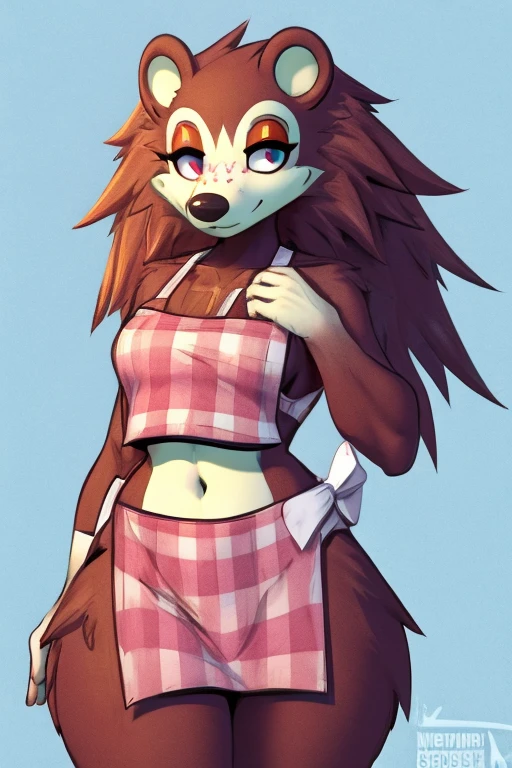 a digital artwork of sable wearing a crop top of her pink apron with a bare navel and a bare midriff , ((digital artwork)), ((best quality)), (((masterpiece))), (trending on artstation)