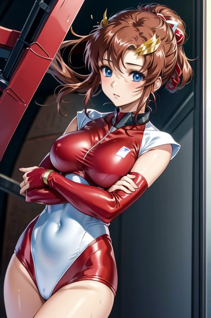 A Japanese female racer in a red racing suit stands in front of a red racing bike, Brown Hair, Standing with arms crossed, Portraiture, Portrait