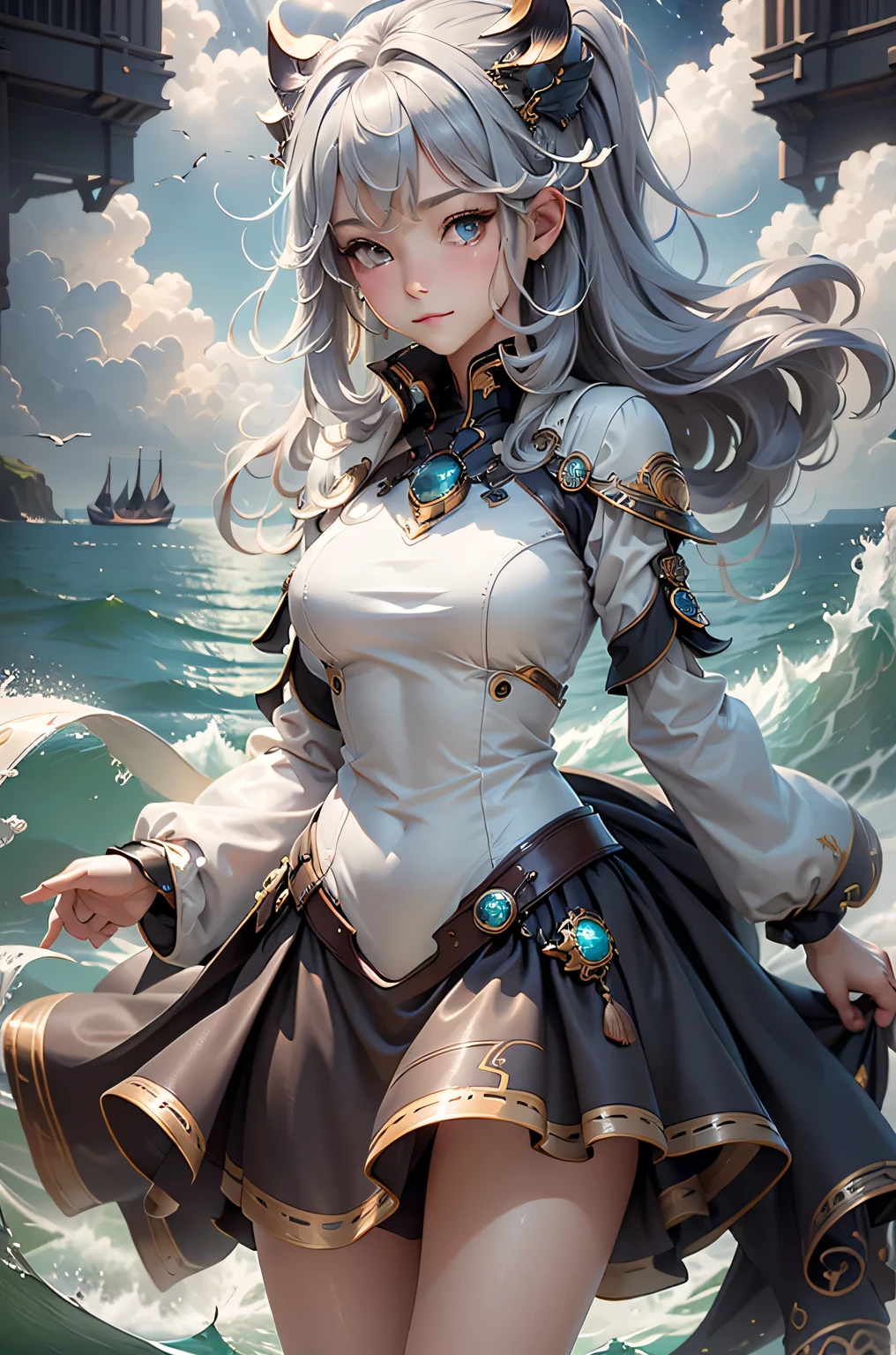 (masterpiece:1.4, highest quality, Dutch Angle)(One girl, alone)(Medium chest, Gray Hair, Aqua Eye)(smile, Floating Hair)(universe、milky way)、From behind