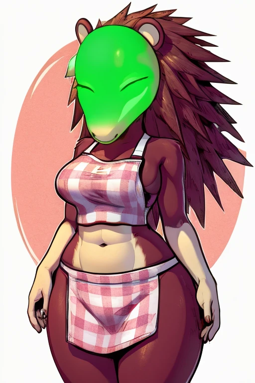 a digital artwork of sable wearing a crop top of her pink apron with a bare navel and a bare midriff , ((digital artwork)), ((best quality)), (((masterpiece))), (trending on artstation), she has an alien head