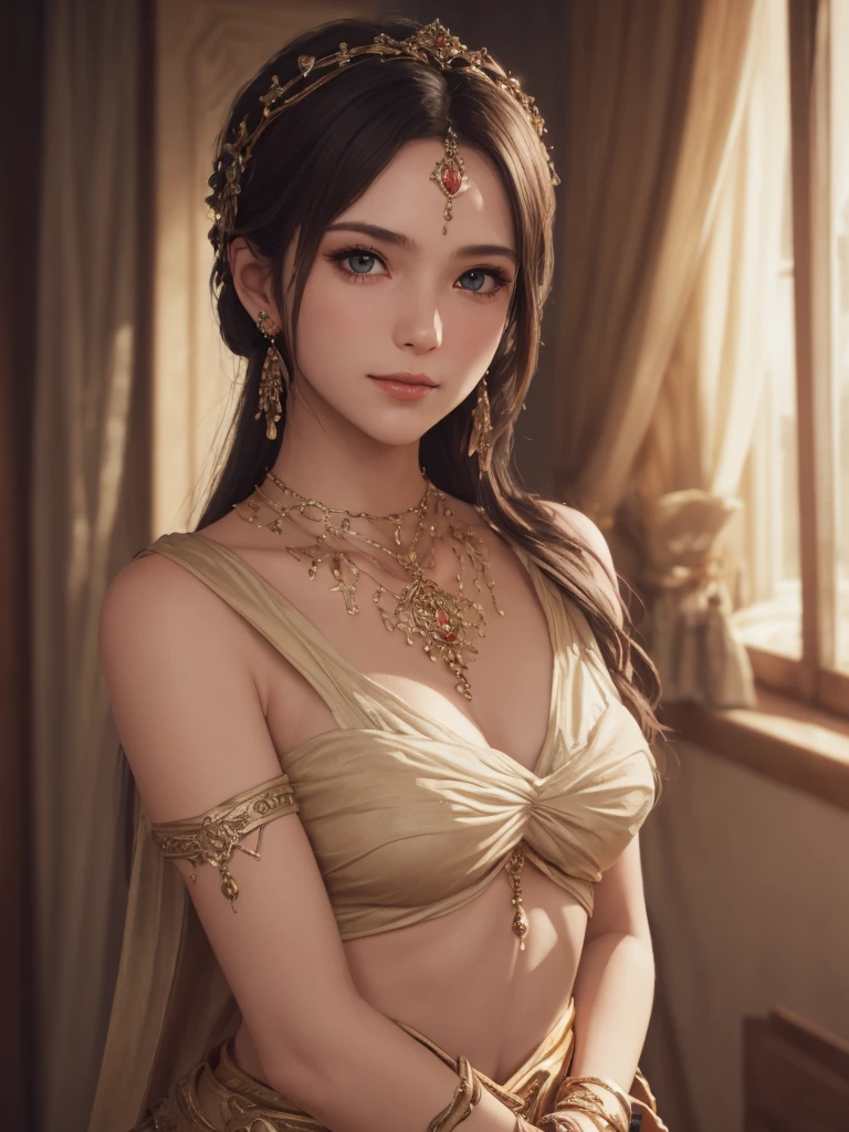 (Masterpiece), best quality, highest quality, highly detailed CG unity 8k wallpaper, original, high resolution, (depth of field: 1.5), fidelity: 1.3, 1 girl, curtains, solo, earrings, warrior,happy