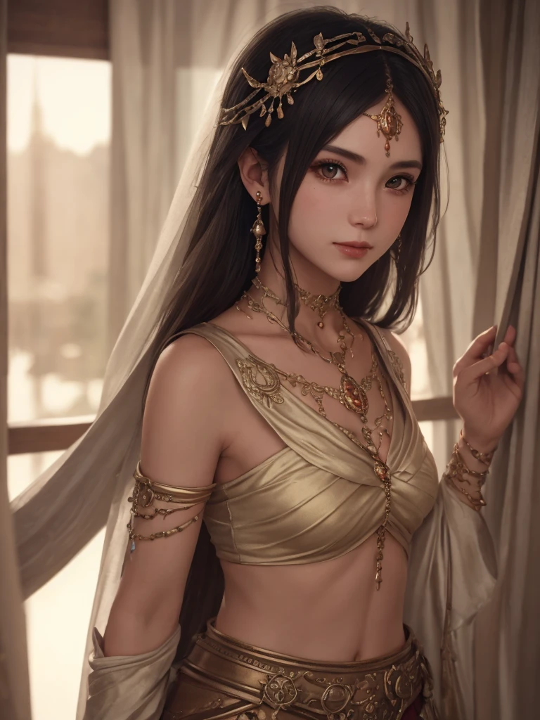 (Masterpiece), best quality, highest quality, highly detailed CG unity 8k wallpaper, original, high resolution, (depth of field: 1.5), fidelity: 1.3, 1 girl, curtains, solo, earrings, warrior,happy