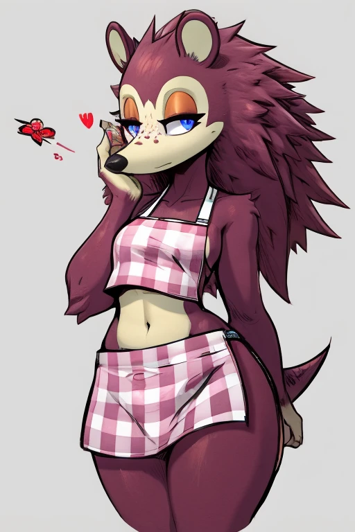 a digital artwork of sable wearing a crop top of her pink apron with a bare navel and a bare midriff , ((digital artwork)), ((best quality)), (((masterpiece))), (trending on artstation)