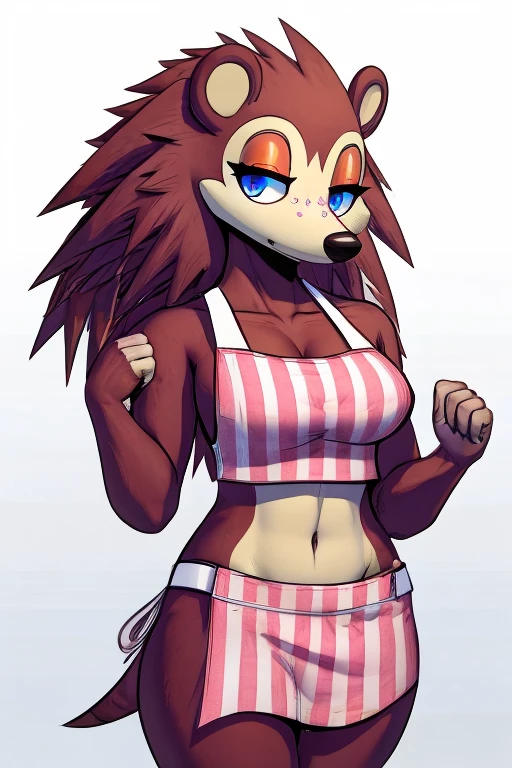 a digital artwork of sable wearing a crop top of her pink apron with a bare navel and a bare midriff , ((digital artwork)), ((best quality)), (((masterpiece))), (trending on artstation)