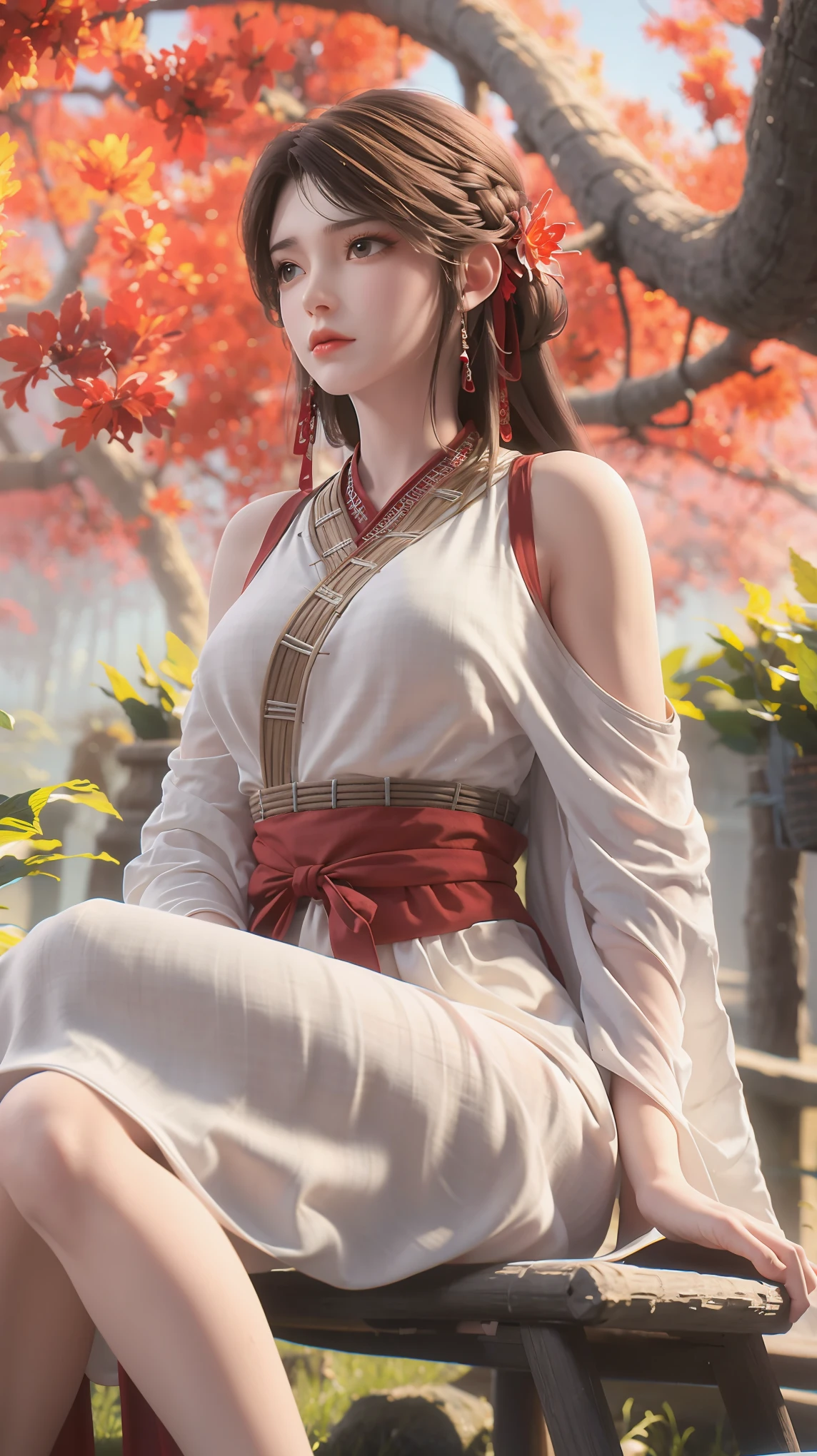 cheongsam,((whole body)), ((Sitting)), ((The hem is long, Sexy long legs)), ((Bare shoulders)),model, Young beautiful girl, Striking an elegant pose, Charming pose, Heat and cold, Beautiful and delicate eyes, Full breasts, slim body, masterpiece, best quality, official art, Rich details, Clear face, Professional lighting, Physically based rendering, Light makeup，Maple forest background at dusk，Sit on a maple tree