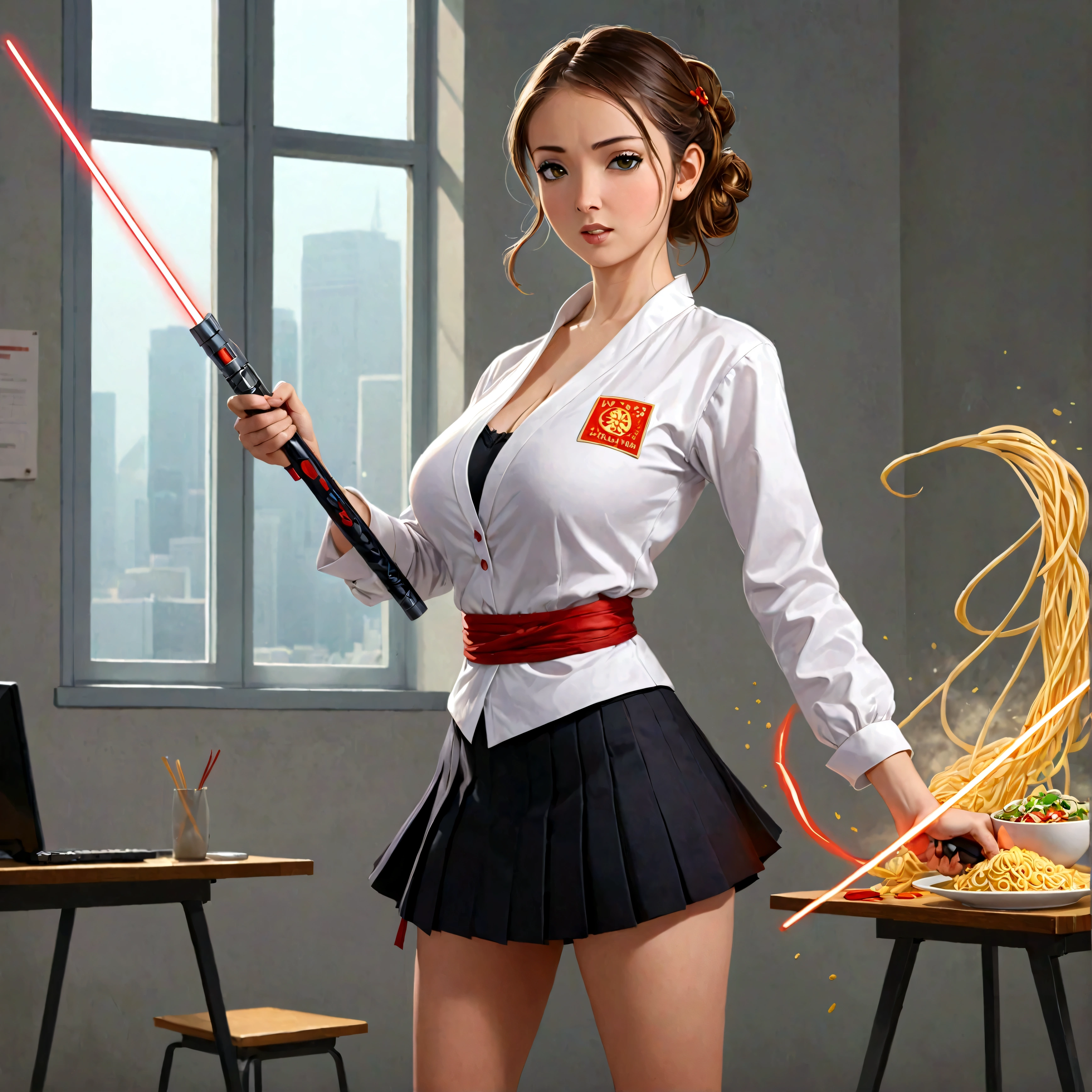 A lovely woman, business attire, confident stance, wielding a laser sword ramen advertisement 'obliterate your hunger'