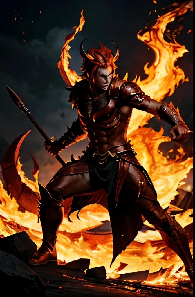 Demoic human, anime, flame background, in hell, fierce demon, flame crown, man, full body