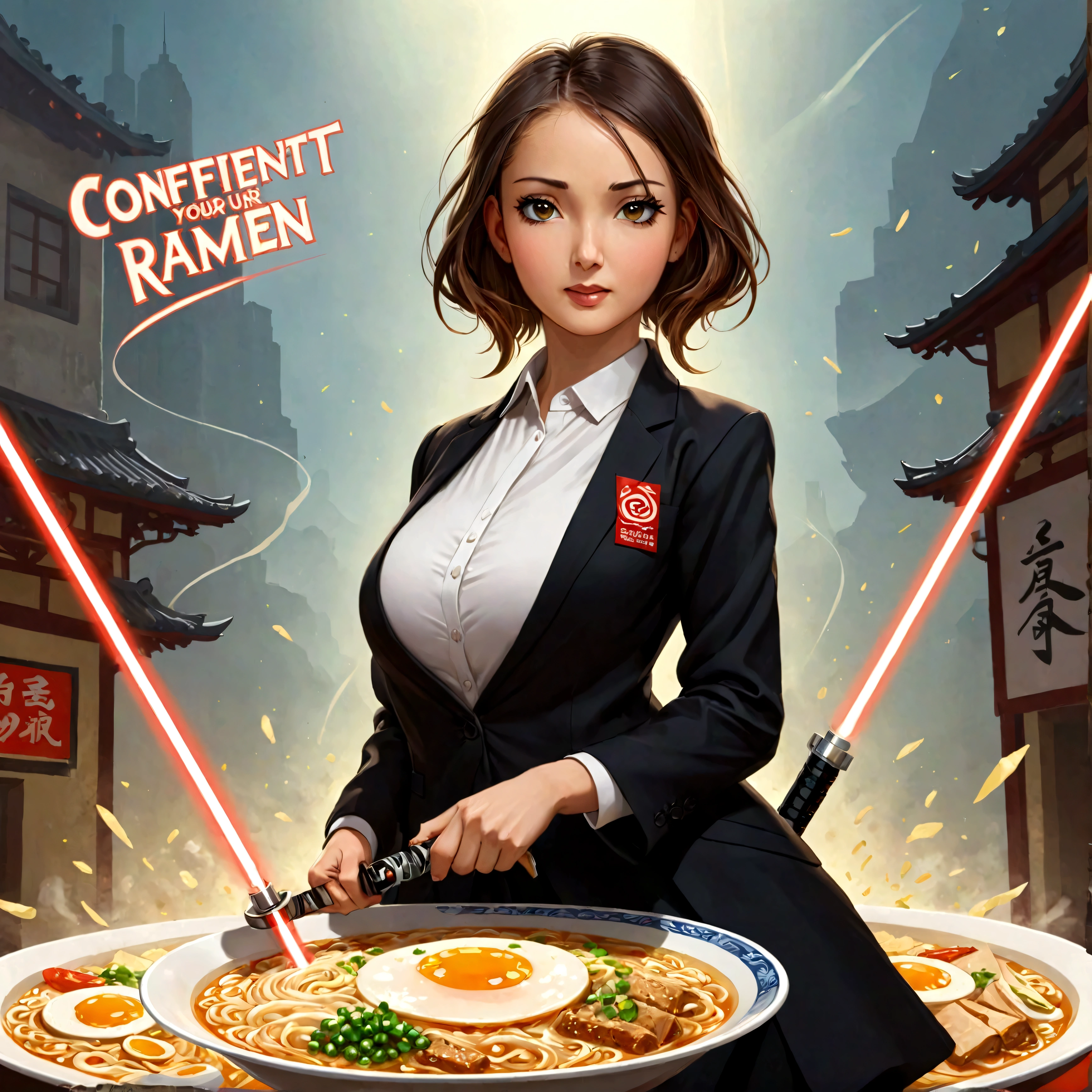 A lovely woman, business attire, confident stance, wielding a laser sword ramen advertisement 'obliterate your hunger'