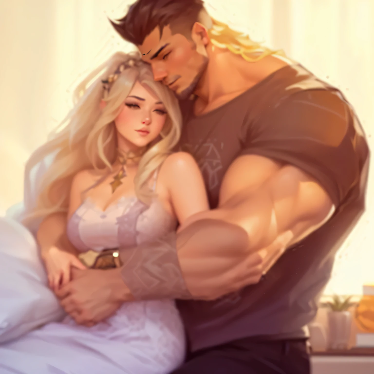 Close-up of a man and a woman hugging on the bed, :: rossdraws, Ross Drews and Jazz, Jazz and Rose Sweepstakes, Lion rock, [ Popular on CGsociety ]!!, Louis van Baarle and Rostus, Aljem and Genzoman, rossdraws 1. 0, rossdraws 2. 5, From Overwatch, commissioned art