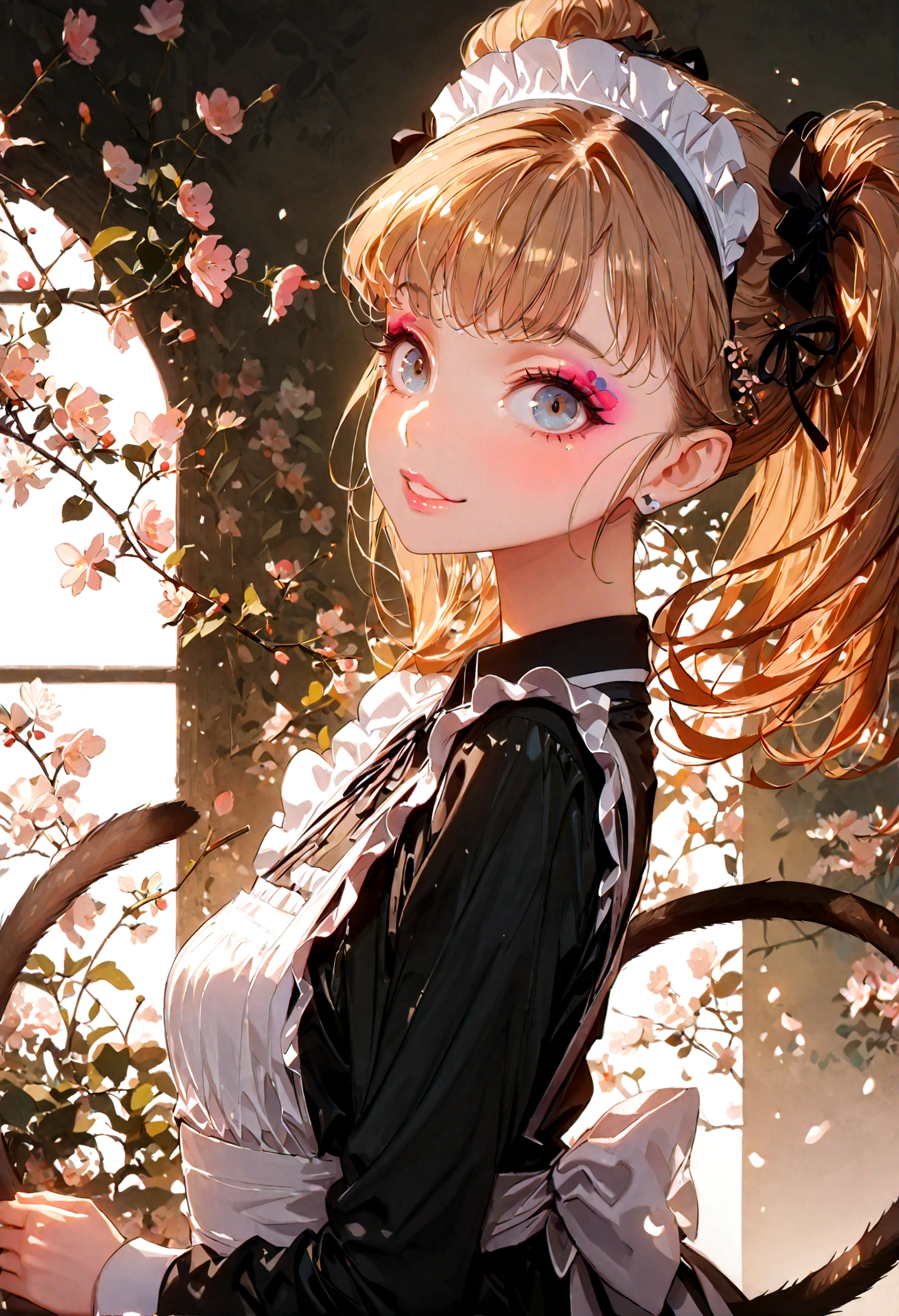 (Maid:1.2),(best quality,Extremely detailed,High resolution:1.2),Beautiful girl with perfect face,Very_Long eyelashes, Detailed lips, A bright smile, soft skin, Shiny hair,Vibrant background, Natural Lighting,The cutest girl in the world,Exquisite makeup,Double tail