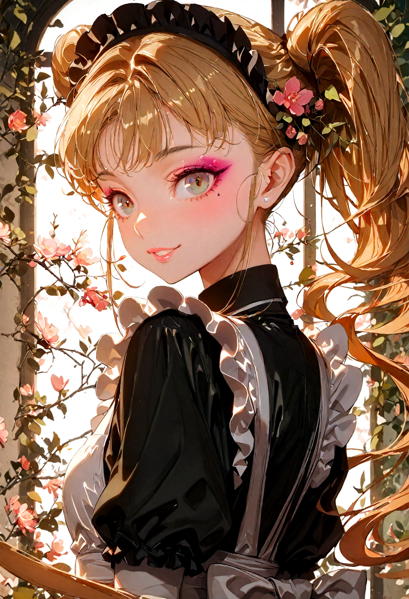 (Maid:1.2),(best quality,Extremely detailed,High resolution:1.2),Beautiful girl with perfect face,Very_Long eyelashes, Detailed lips, A bright smile, soft skin, Shiny hair,Vibrant background, Natural Lighting,The cutest girl in the world,Exquisite makeup,Double tail