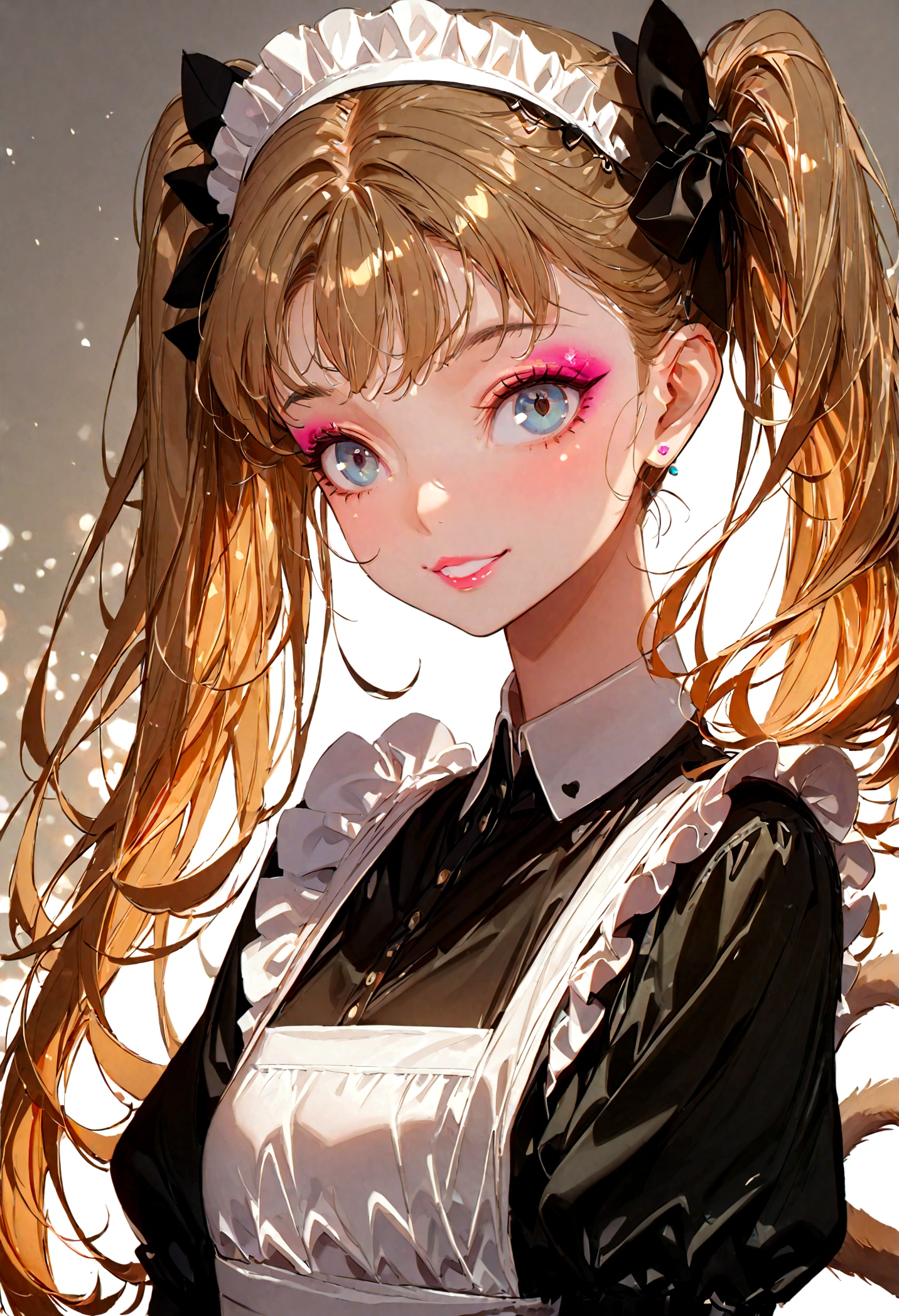 (Maid:1.2),(best quality,Extremely detailed,High resolution:1.2),Beautiful girl with perfect face,Very_Long eyelashes, Detailed lips, A bright smile, soft skin, Shiny hair,Vibrant background, Natural Lighting,The cutest girl in the world,Exquisite makeup,Double tail