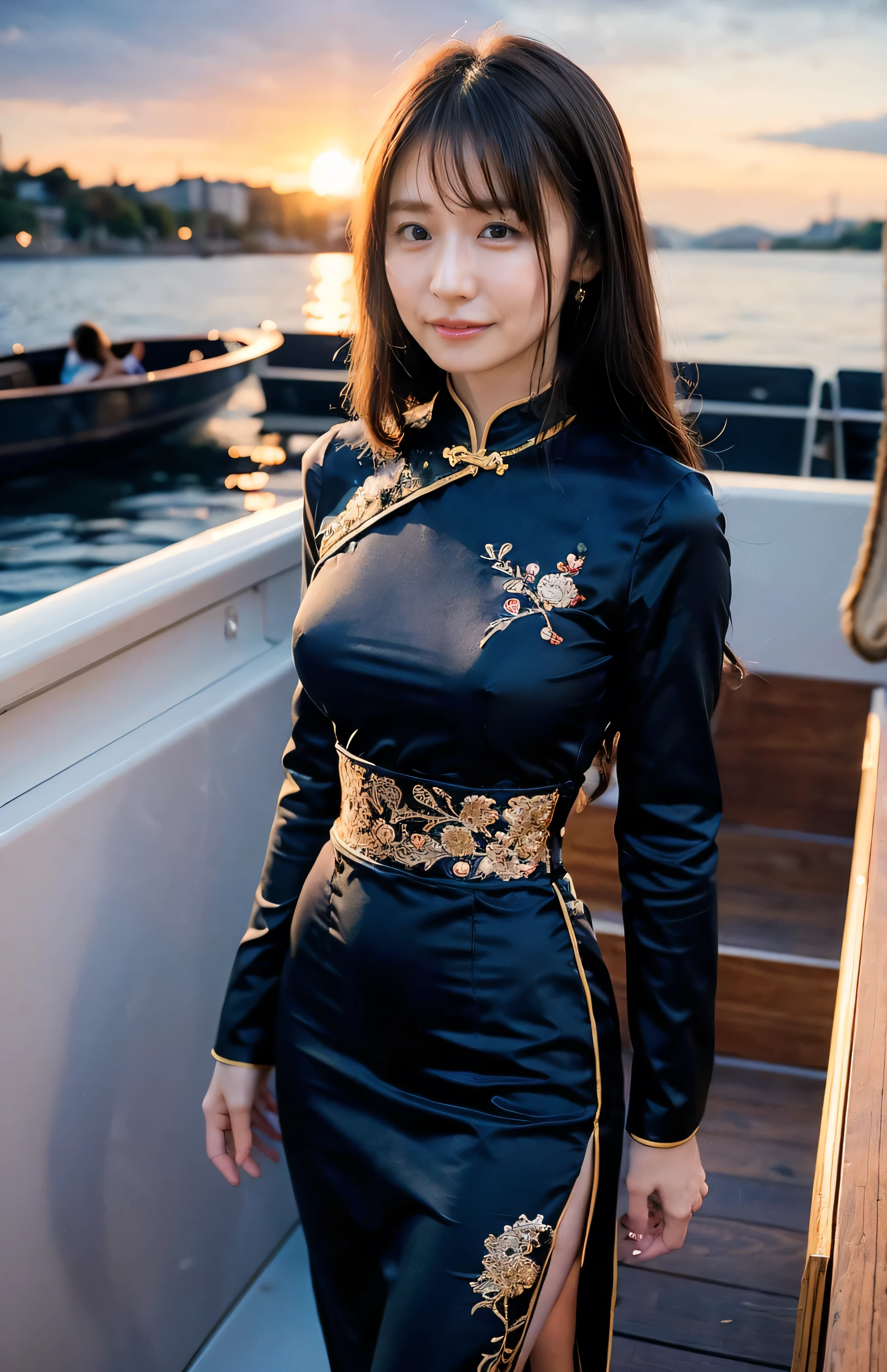 The sky turns red、A gorgeous one-piece Chinese dress、Hair swaying in the wind、Medium Bob、China at night、((hair ornaments:1.5)).A gorgeous gold embroidered Chinese dress、hair ornaments、Tie your hair elegantly、Gorgeous silk cheongsam、((Standing on a boat and posing sexy、Luxurious and shiny black Chinese dress with embroidered long skirt:1.4)).A luxurious and shiny silk cheongsam、Luxurious black cheongsam with embroidery、Woman standing on a boat、Light brown hair、Elegant hairstyle、Blue Eyed Woman、A woman with a cute upward gaze、When the sky gets dark、The gentle light of the ship shines、The sky turns red as the sun sets、Tight clothing that shows your body lines、、Elegant navy blue summer knit、Elegant black summer sweater、Short skirt、Dress elegantly着こなす、Luxury Bagedium Shorthair:1.4))、Skyscrapers seen across the sea、Manhattan 私sland is visible offshore、Woman on a sightseeing boat、、The sun shines on her、Light brown hair、Light brown hair、The sky was dyed red、There are clouds、private's cute、An elegantly dressed woman is sitting on a boat and watching the sunset、Her ample breasts are obvious even through her clothes..、The shining sun is so beautiful、Dusk is approaching、Lens flare、I can see the sunset、((Sunlight reflecting off the ocean、Ocean View、The sun shines on the sea、'beautiful.、Small earrings、private'evening、Birds are also flying、、Brown Hair Color、Tying up hair、The woman is on the right:1.4))、Luxury Leather Belts、Shiny clothes、Light beige hair color、Background Blur、Braid only the front hair、Light brown hair、{{Cowgirl Shot}}、((Close-up shot from the waist up、Ample breasts:1.4))、Smile、Silk clothing、Ample breasts that can be seen even through clothes、Braid only the front hair、Cowboy Shot、Gorgeous white collared silk shirt and brown skirt、Dress elegantly、Luxury Bags、A lovely smile、((Ample breasts))、Full body photo、ring、Short skirt、Tuck your hair behind one ear、Silver Necklace、smile、 Elegant ponytail、Caustics、Highly detailed photos、Very beautiful and ideal short hair、Super no makeup、(8k、RAW Photos、highest quality、masterpiece:1.2)、(Realistic、Realistic)、1 girl、((Medium Short Hair、Looking into the camera:1.4))、Hair blowing in the wind