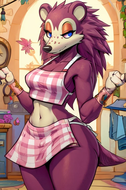 a digital artwork of sable wearing a crop top of her pink apron with a bare navel and a bare midriff , ((digital artwork)), ((best quality)), (((masterpiece))), (trending on artstation)