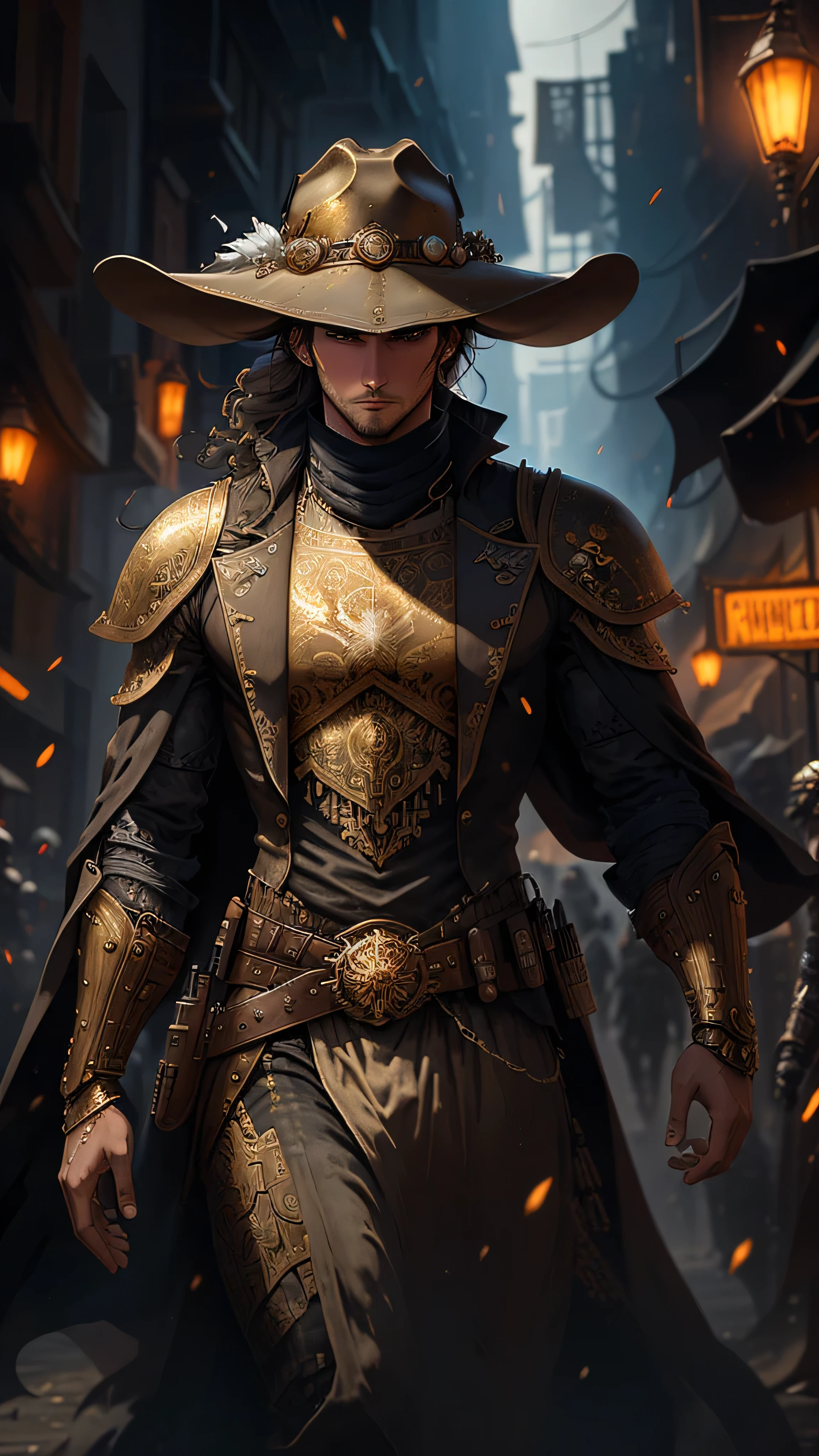 High-resolution 16:9 image encapsulating a gripping scene from a grimdark steampunk fantasy universe, reminiscent of a PS4 in-game cinematic. The central focus is a man, clad in weathered, heavy white and golden armor, sporting a distinctive hat and a menacing horn atop his head, who goes by the moniker "Pig, the Gunslinger." In the foreground, he's accompanied by a woman, her distinctive features veiled by a wide-brimmed hat, with golden jewelry adorning her dark, wavy hair.
They walk amidst a swarm of towering, intricately designed robots