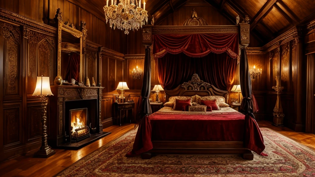 inside, with two small cozy plant, pillows, string lights,badroom, a fireplace, big double height windows, with a rainy fall night deep, nighttime, night light, warm candle room, fireplace large box, large bad, arafed bad room, with a fireplace box and a red & blue bed, in it, cozy warm candle room place, cozy environment, cosy enchanted scene, cosy atmoshpere, warm interior, cozy room, cozy and peaceful, large bad, atmosphere, cozy setting, cozy wallpaper, magical environment, cozy atmospheric, warm living room, atmospheric fantasy setting, cozy and calm, cozy home background, gothic epic library, warm beautiful scene, arafed largebed with a fireplace and a red & blue bed, in it, gothic mansion room, luxurious environment, dreamy atmosphere and drama, inside an epic gothic castle, victorian room, extremely opulent, dreamy and detailed, decadent throne bad, lavishly decorated, magical atmosphere + masterpiece, royal interior, gothic interior, inside gothic doll manor bedroom, luxury castle, victorian setting, Luxurious bedroom with Gothic-inspired decor, featuring a grand four-poster bed with rich velvet drapes and plush bedding. The room has ornate arched double height windows, with intricate stained glass, a large chandelier hanging from a vaulted ceiling, and a detailed, carved fireplace with a crackling fire. There is a secondary small bed near the double height windows, surrounded by tall bookshelves and lush indoor plants. Warm ambient lighting from table lamps and candles enhances the opulent atmosphere. A richly patterned rug covers the elegant wooden floor, candls fireplace closeup shot, night moonlight cozy room, arafed room with a fireplace and a bed in it, cozy place,