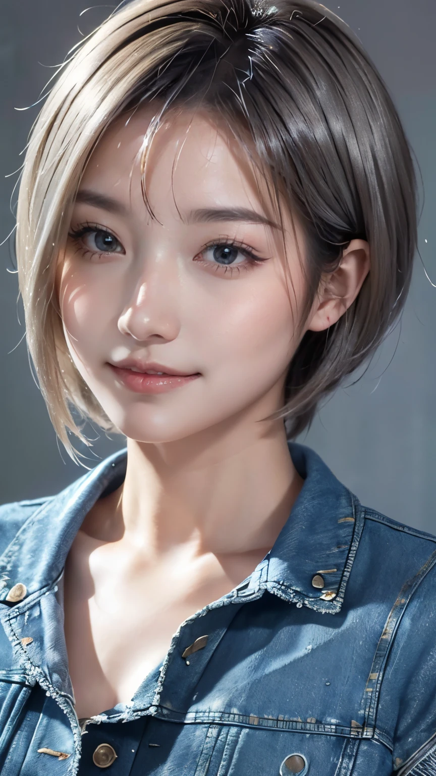 Realistic, masterpiece, highest quality, Highest Resolution, Portrait of a Japan woman, Depicts only the upper body, Portrait background, Happy smile, Slightly to the side, Always observe the audience, Beautiful and detailed eyes, Dark Eyes, Looks sleepy, Sparkling eyes, (Hidden eyelid wrinkles:1.2), Thin eyebrows, Draw eyelashes carefully, Natural Makeup, (short hair, Silver Hair:1.3), Detailed face, (Face close-up:1.1), ((Denim jacket), topless:1.3)