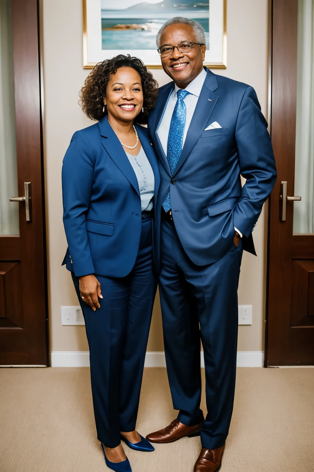 ((melhor qualidade)), ((Obra de arte)), (detalhado), create professional photography, full body photography of an African-American couple approximately 75 years old, executive clothing, blue color, hands, standing together, happy, showing successful posture, ultra hd, realistic photo.