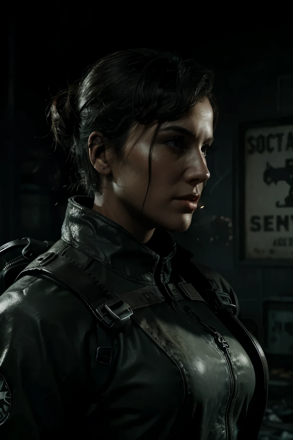 Fallout 4, Profile pic, dark, hyper realistic, noir style. Add Fallout powerarmor. Dynamic white lightning 