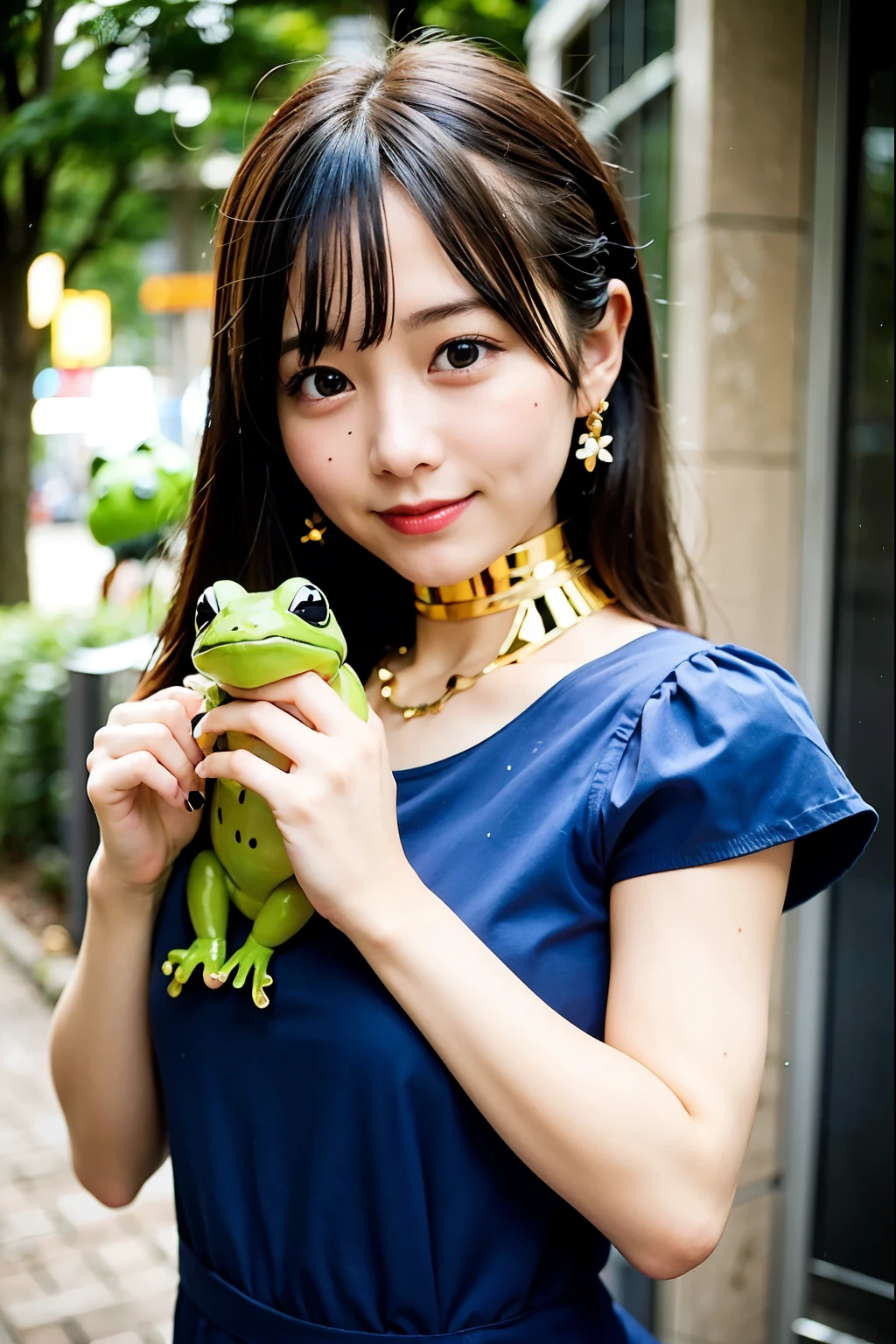 a woman in a blue dress holding a frog, pixiv contest winner, shin hanga, celebration costume, kawaii hq render, tiki, hestia, high res, official photo, quinn, grand!, dynamic!!, carnival, idol, preston blair