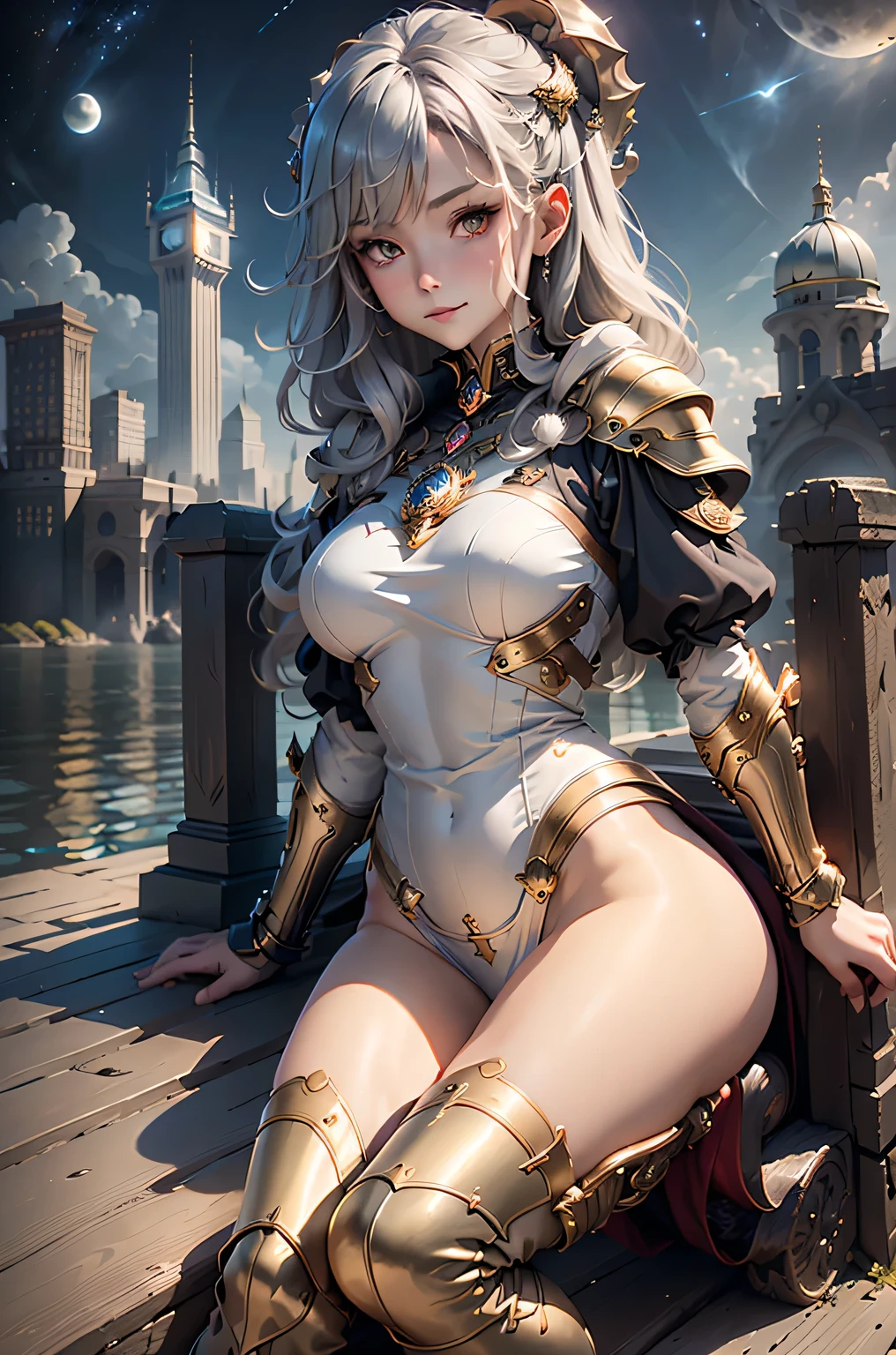 (masterpiece, highest quality, Dutch Angle)(One girl, alone)(Gray Hair, Red eyes)(smile, Sitting,Floating Hair)(universe、milky way、City of the Moon)Knee-high boots