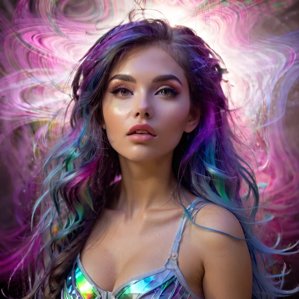 1girl, bioluminescent, over make up, shiny face, attractive, hand on cheek, astral vignette, long hair, swirl hair, provocative pose, side views, multi-color hair, fog wrapped around, epicRealism, UHD, 8k, super detailed