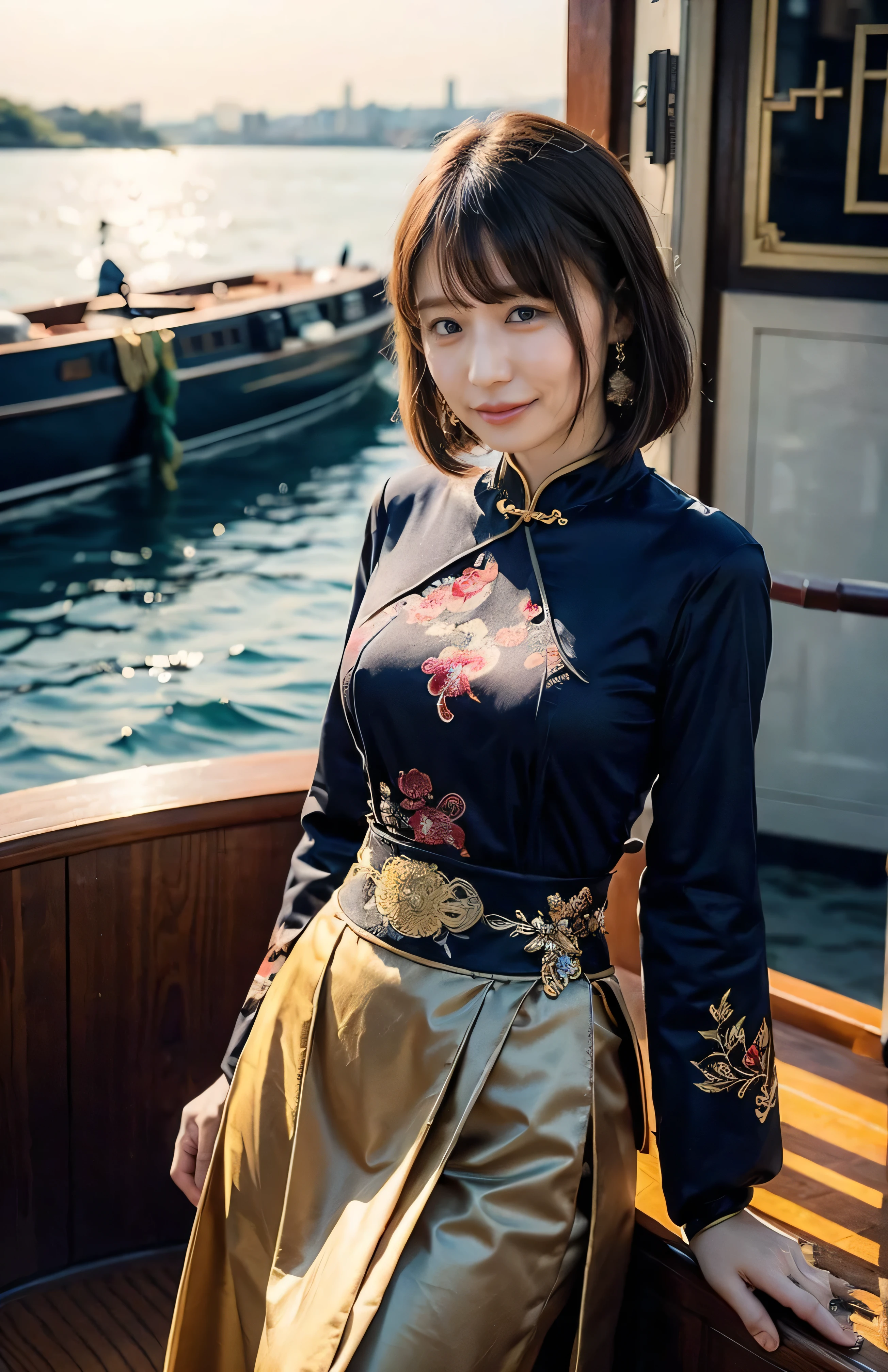 The sky turns red、A gorgeous one-piece Chinese dress、Hair swaying in the wind、Medium Bob、China at night、((hair ornaments:1.5)).A gorgeous gold embroidered Chinese dress、hair ornaments、Tie your hair elegantly、Gorgeous silk cheongsam、((Standing on a boat and posing sexy、Luxurious and shiny black Chinese dress with embroidered long skirt:1.4)).A luxurious and shiny silk cheongsam、Luxurious black cheongsam with embroidery、Woman standing on a boat、Light brown hair、Elegant hairstyle、Blue Eyed Woman、A woman with a cute upward gaze、When the sky gets dark、The gentle light of the ship shines、The sky turns red as the sun sets、Tight clothing that shows your body lines、、Elegant navy blue summer knit、Elegant black summer sweater、Short skirt、Dress elegantly着こなす、Luxury Bagedium Shorthair:1.4))、Skyscrapers seen across the sea、Manhattan 私sland is visible offshore、Woman on a sightseeing boat、、The sun shines on her、Light brown hair、Light brown hair、The sky was dyed red、There are clouds、private's cute、An elegantly dressed woman is sitting on a boat and watching the sunset、Her ample breasts are obvious even through her clothes..、The shining sun is so beautiful、Dusk is approaching、Lens flare、I can see the sunset、((Sunlight reflecting off the ocean、Ocean View、The sun shines on the sea、'beautiful.、Small earrings、private'evening、Birds are also flying、、Brown Hair Color、Tying up hair、The woman is on the right:1.4))、Luxury Leather Belts、Shiny clothes、Light beige hair color、Background Blur、Braid only the front hair、Light brown hair、{{Cowgirl Shot}}、((Close-up shot from the waist up、Ample breasts:1.4))、Smile、Silk clothing、Ample breasts that can be seen even through clothes、Braid only the front hair、Cowboy Shot、Gorgeous white collared silk shirt and brown skirt、Dress elegantly、Luxury Bags、A lovely smile、((Ample breasts))、Full body photo、ring、Short skirt、Tuck your hair behind one ear、Silver Necklace、smile、 Elegant ponytail、Caustics、Highly detailed photos、Very beautiful and ideal short hair、Super no makeup、(8k、RAW Photos、highest quality、masterpiece:1.2)、(Realistic、Realistic)、1 girl、((Medium Short Hair、Looking into the camera:1.4))、Hair blowing in the wind