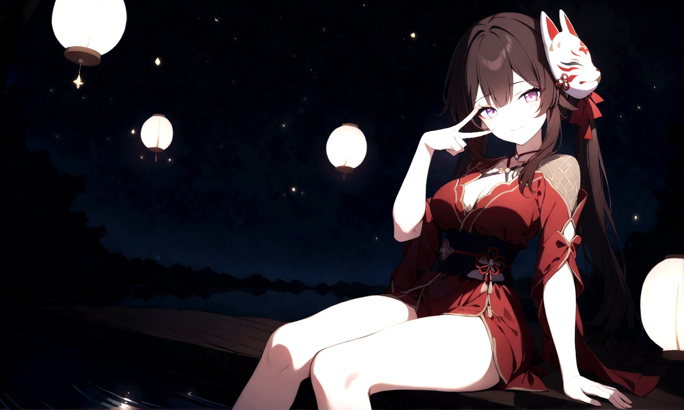 a beautiful girl (sparkle, honkai star rail), twintail dark brown hair ( tied with red ribbon), red short yukata with intricate motifs, fox mask, sitting on the edge of a dock by a forest lake, gazing at the viewer with enticing eyes, alluring smile, fireflies glowing around her in the moonlit night, (best quality,4k,8k,highres,masterpiece:1.2)