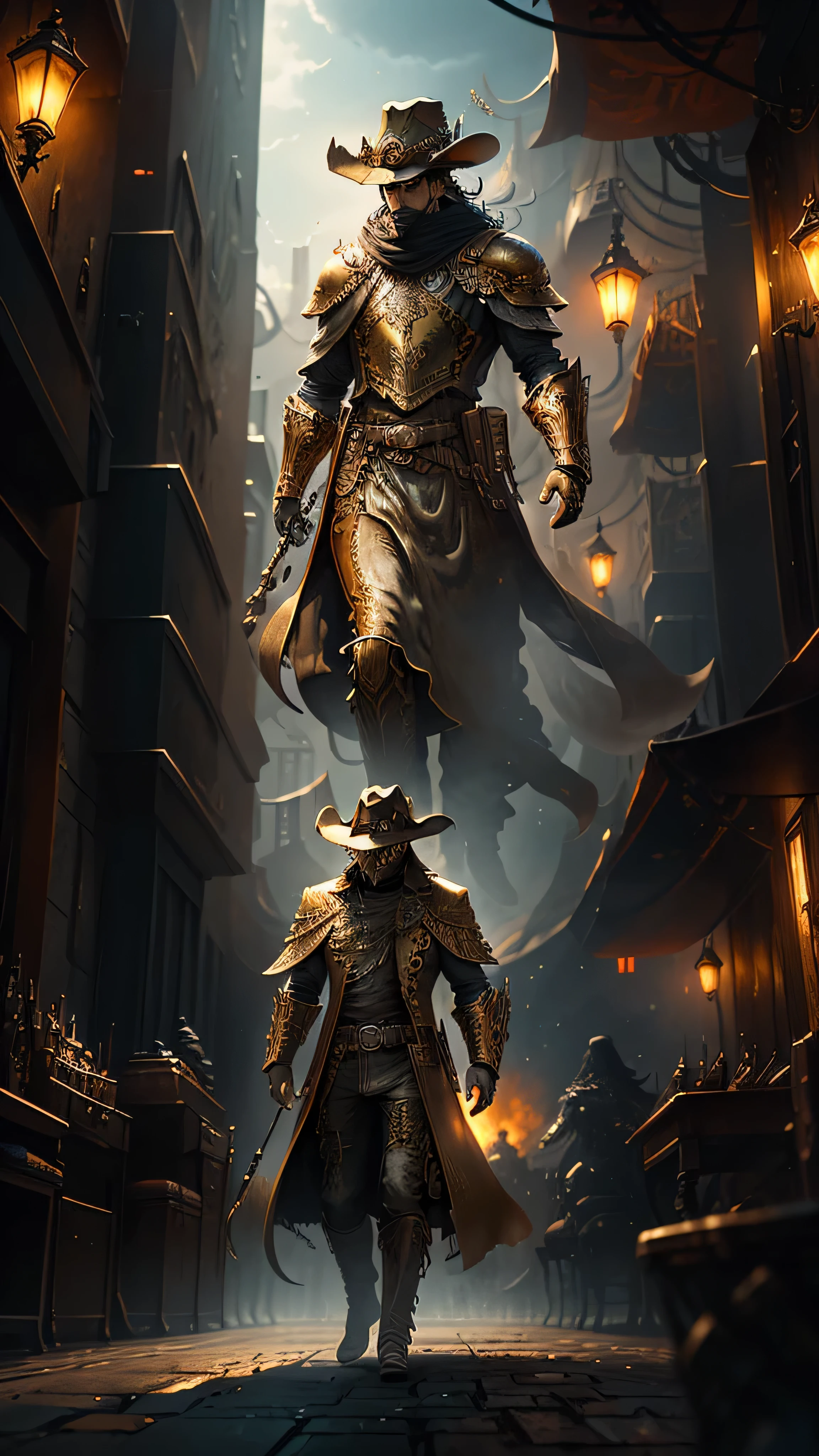 High-resolution 16:9 image encapsulating a gripping scene from a grimdark steampunk fantasy universe, reminiscent of a PS4 in-game cinematic. The central focus is a man, clad in weathered, heavy white and golden armor, sporting a distinctive hat and a menacing horn atop his head, who goes by the moniker "Pig, the Gunslinger." In the foreground, he's accompanied by a woman, her distinctive features veiled by a wide-brimmed hat, with golden jewelry adorning her dark, wavy hair.

They walk amidst a swarm of towering, intricately designed robots