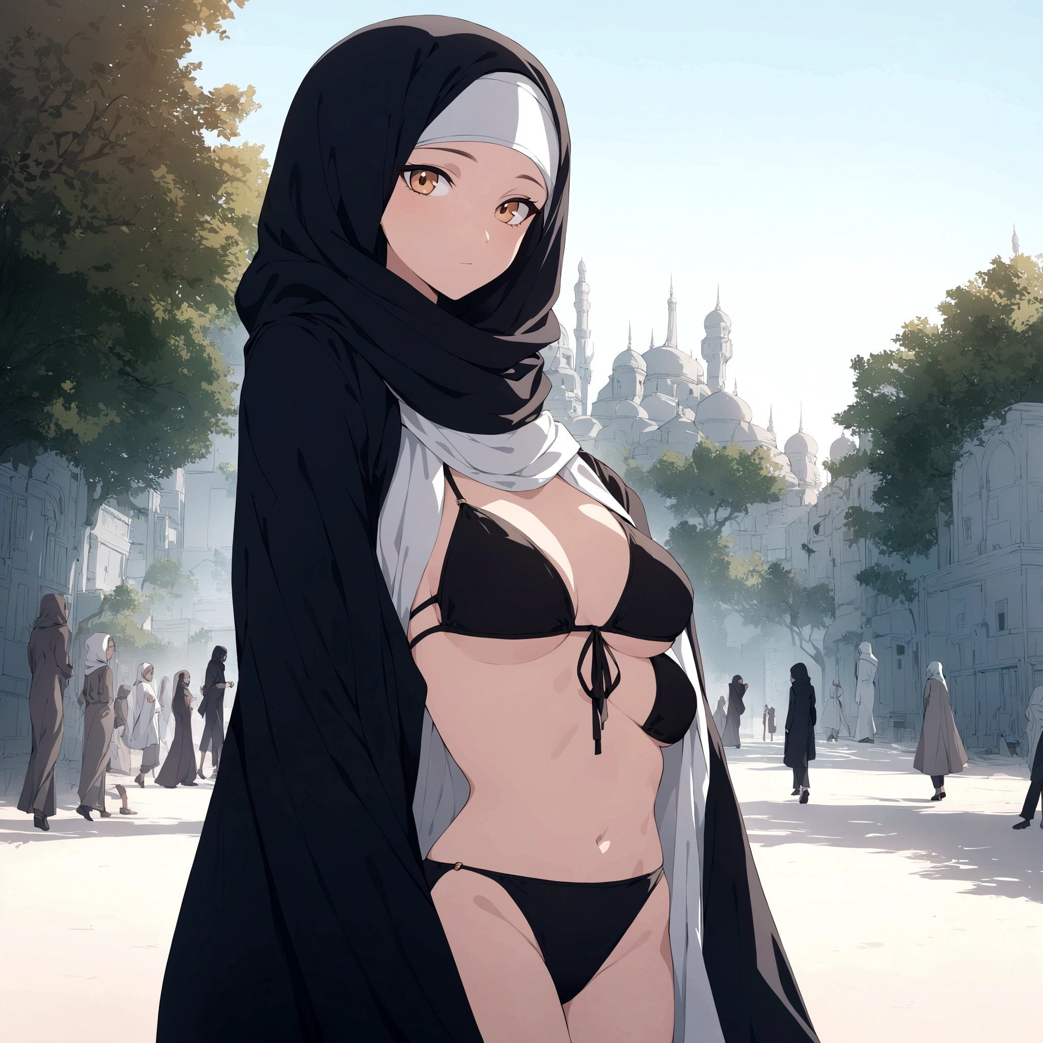 hijab with black bikini looking at viewer muslim muslim female outdoor public