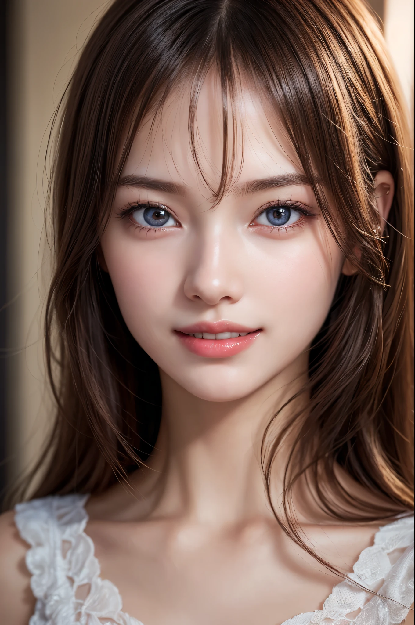 (One girl), alone, very cute, Great face and eyes, (Beautiful lovely smile), (Highly detailed beautiful face), Bright and shiny lips, (highest quality:1.4), (Super detailed), (Surreal, Photorealistic:1.37), Beautiful white skin, (Soft and fluffy), Highly detailed CG synthesis 8k wallpaper, RAW Photos, Professional photography, Cinema Lighting,