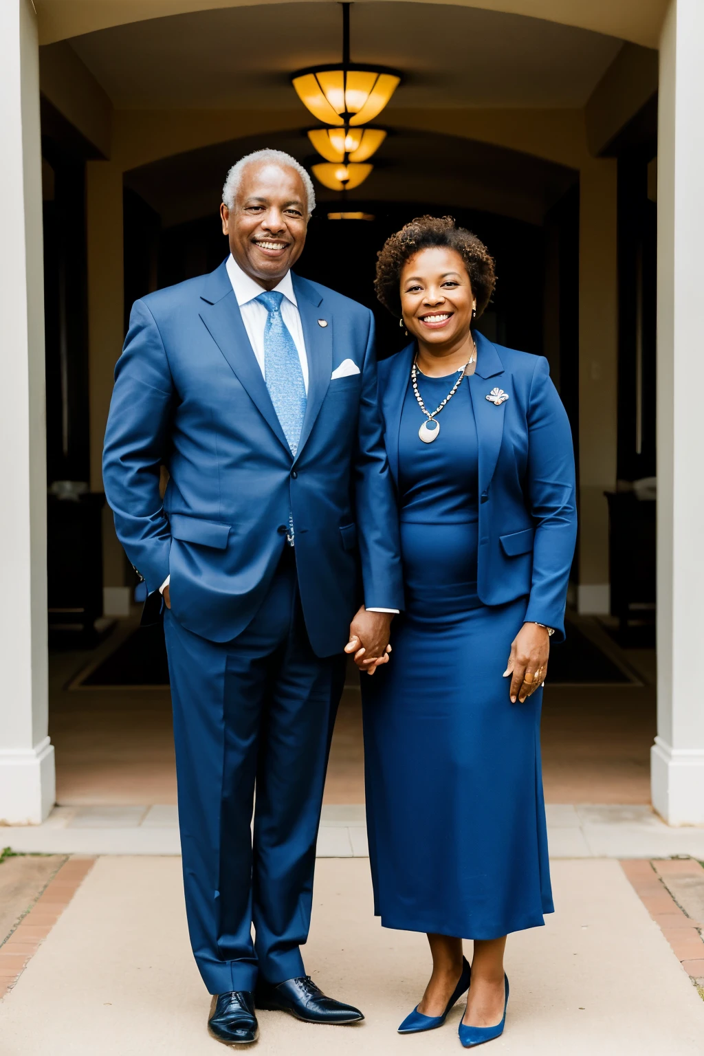 ((melhor qualidade)), ((Obra de arte)), (detalhado), create professional photography, full body photography of an African-American couple approximately 75 years old, executive clothing, blue color, hands, standing together, happy, showing successful posture, ultra hd, realistic photo.