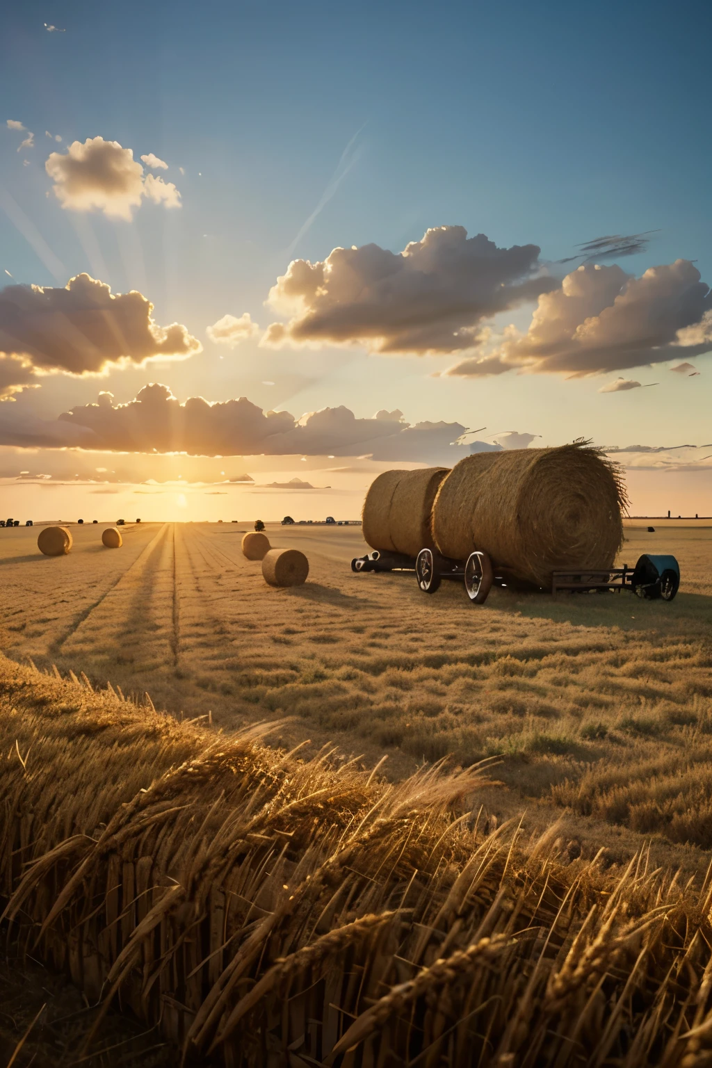Hay bales on an old Texas rural farm in warm afternoon sunlight, Long Shadows, golden wheat field, rolling hills, Blue cloudy sky, Realistic, Cinema Lighting, Vibrant colors, Very detailed, 8k
