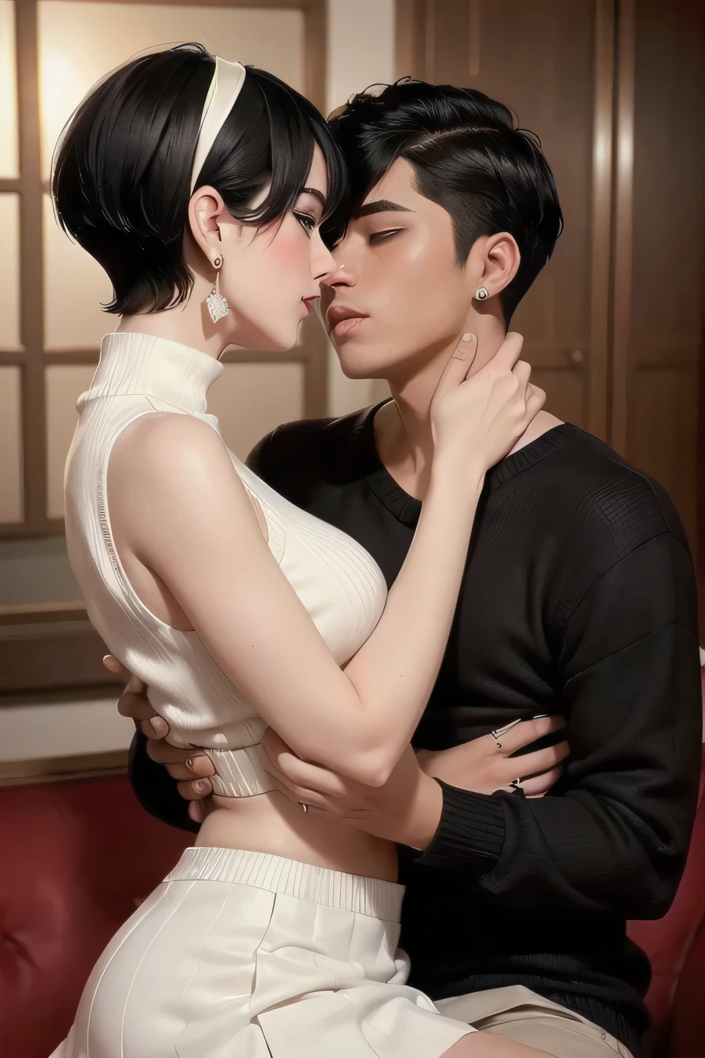 Amazing portrait of a sexy woman wearing her short black hair in a bob with a white hairband and some elegant earrings and a black sleeveless sweater paired with a cream skirt kissing and making out passionately with a shirtless boy in an intimate setting