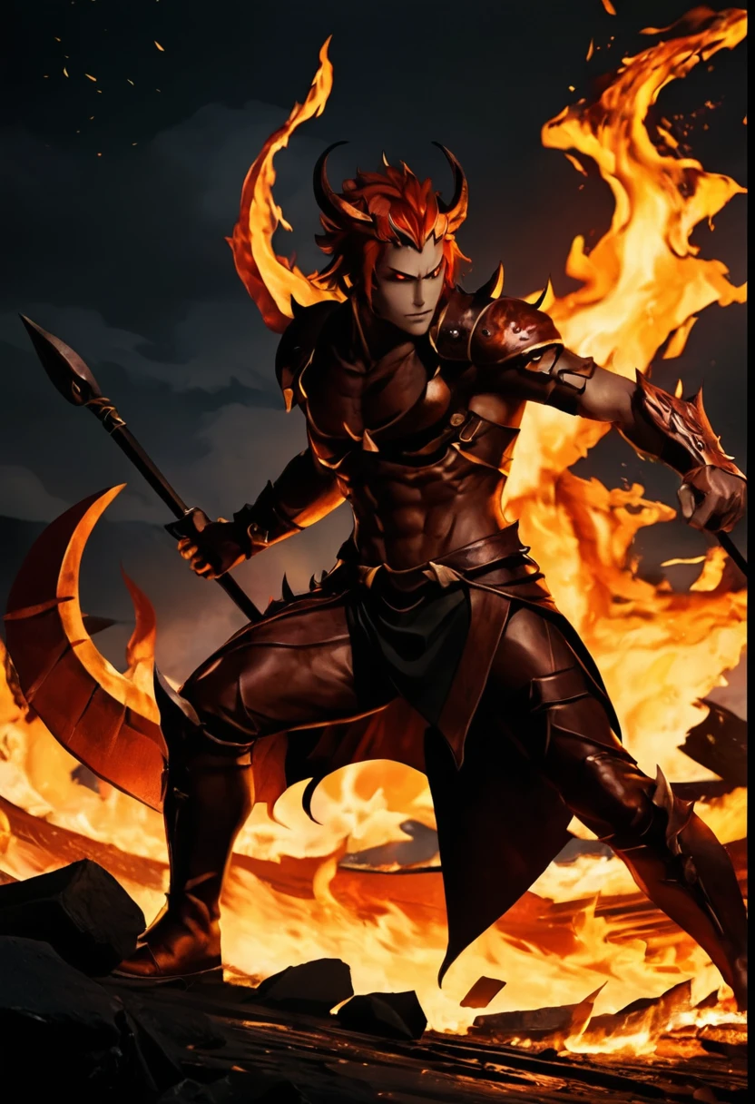 Demoic human, anime, flame background, in hell, fierce demon, flame crown, man, full body