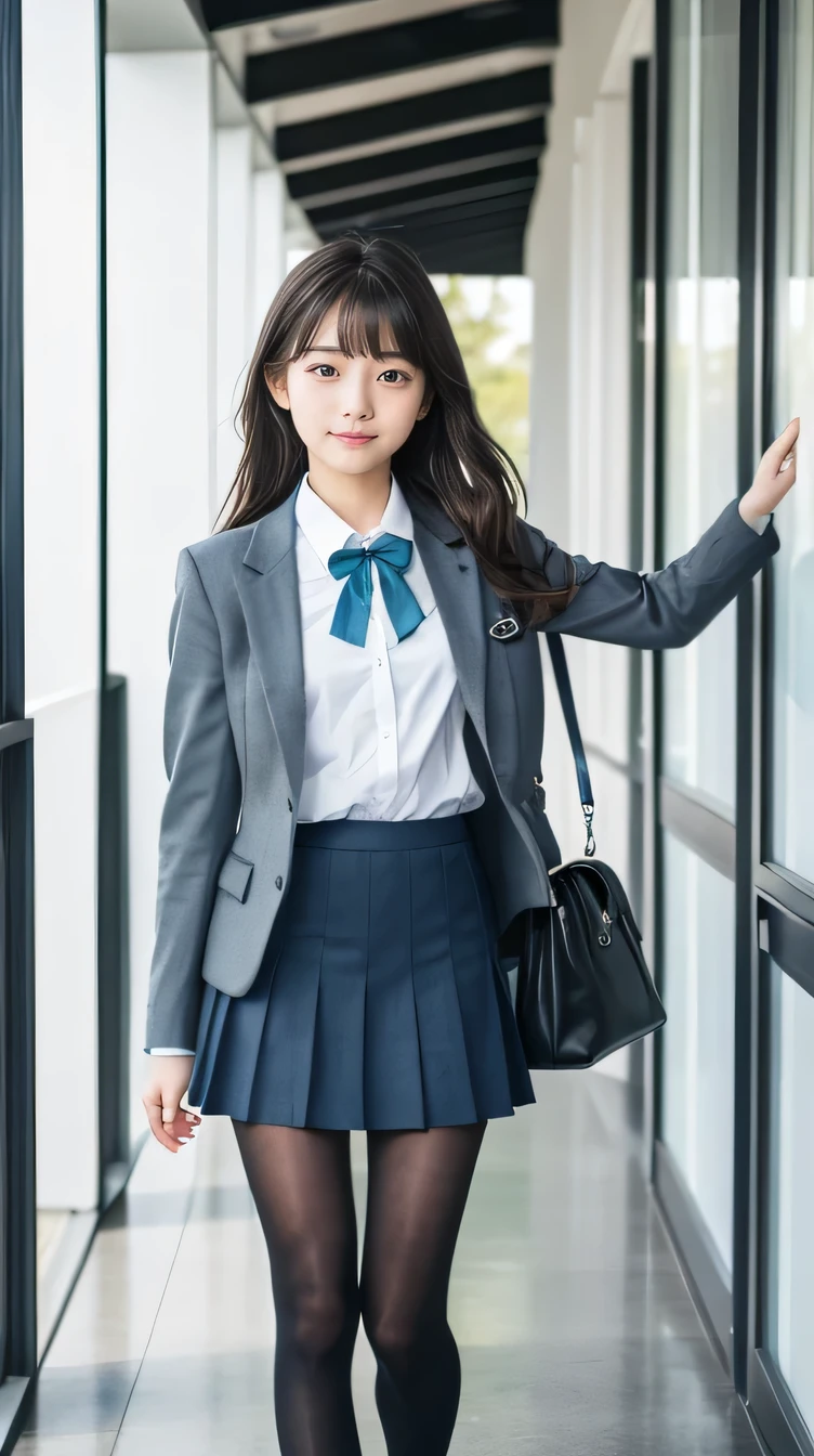 Great quality、8k、flying debris、(RAW Photos:1.4)、High resolution、((Composition away from the subject))、((Full body photo from face to ankles))、((Perfect Anatomy))、1 female 14 years old、Small stature、Detailed skin、Glowing Skin、Baby Face、double eyelid、eyes with long eyelashes、Small face、smile、Open your mouth、Staring out the window in the school hallway、Stretch your back、The windows provide natural light、Realistic school scenery、middle School girl、Blue and grey school bag on shoulder、Slender and delicate body、Small breasts、A blazer uniform with green lines、girl 、Check skirt、healthy、young woman、black tights、black tights、Brown loafers、loafers、Full Body Shot、Beautiful Hairstyles、Accentuates very slim legs