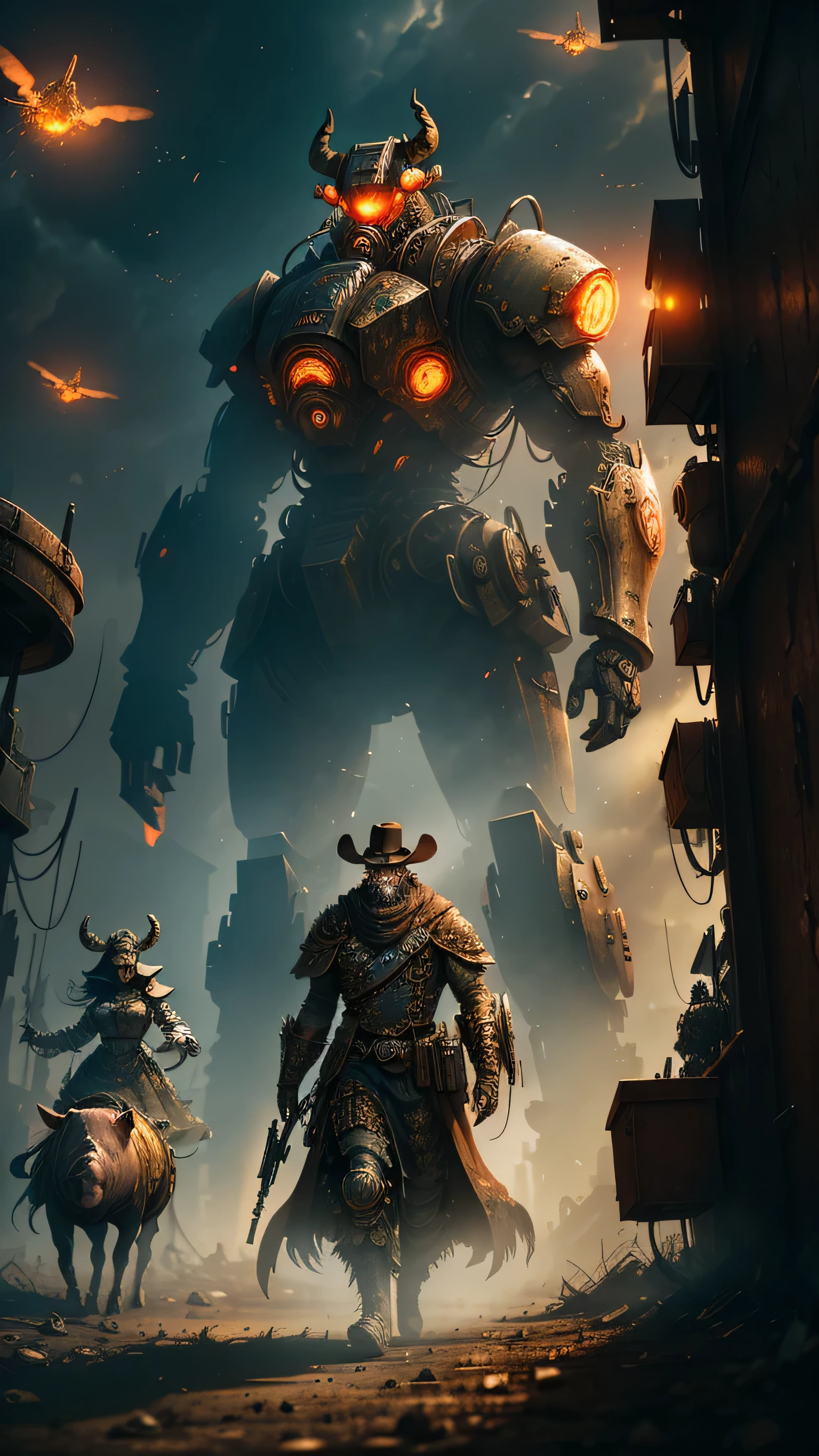 A breathtaking 4K 16:9 image unfolds a grimdark steampunk fantasy, set in a desolate wasteland where the survivors are outnumbered by the robot forces. At the heart of the scene, a rugged man clad in heavily armored attire, adorned with intricate golden patterns, dons a unique hat. The man is none other than "Pig", the legendary gunslinger, with a scarred, horned visage that strikes fear into the hearts of his adversaries.

As Pig and a mysterious woman walk courageously among the towering robots, a swarm of armed drones swirls above them, casting a sepia