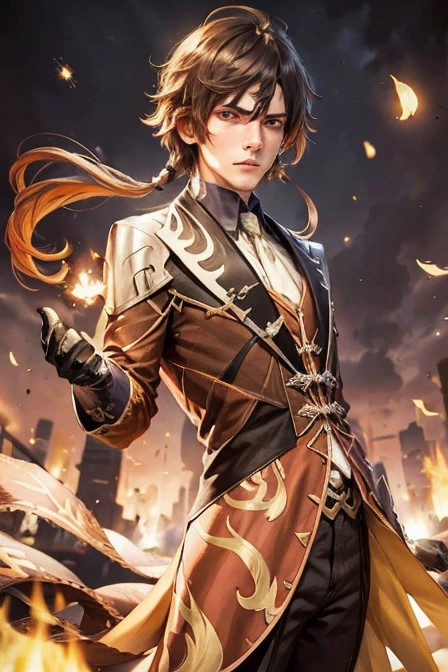 Adult tall man, brown hair, brown cloak, Golden pupil