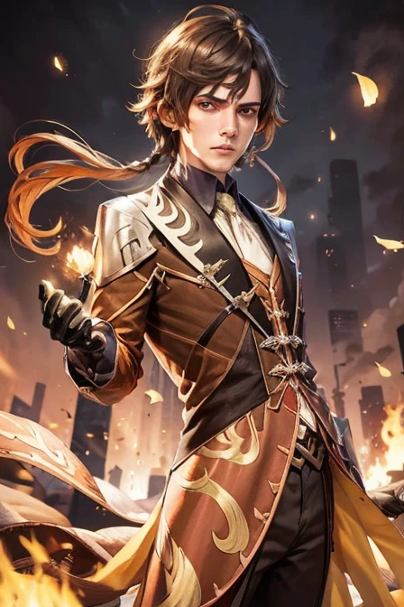 Adult tall man, brown hair, brown cloak, Golden pupil