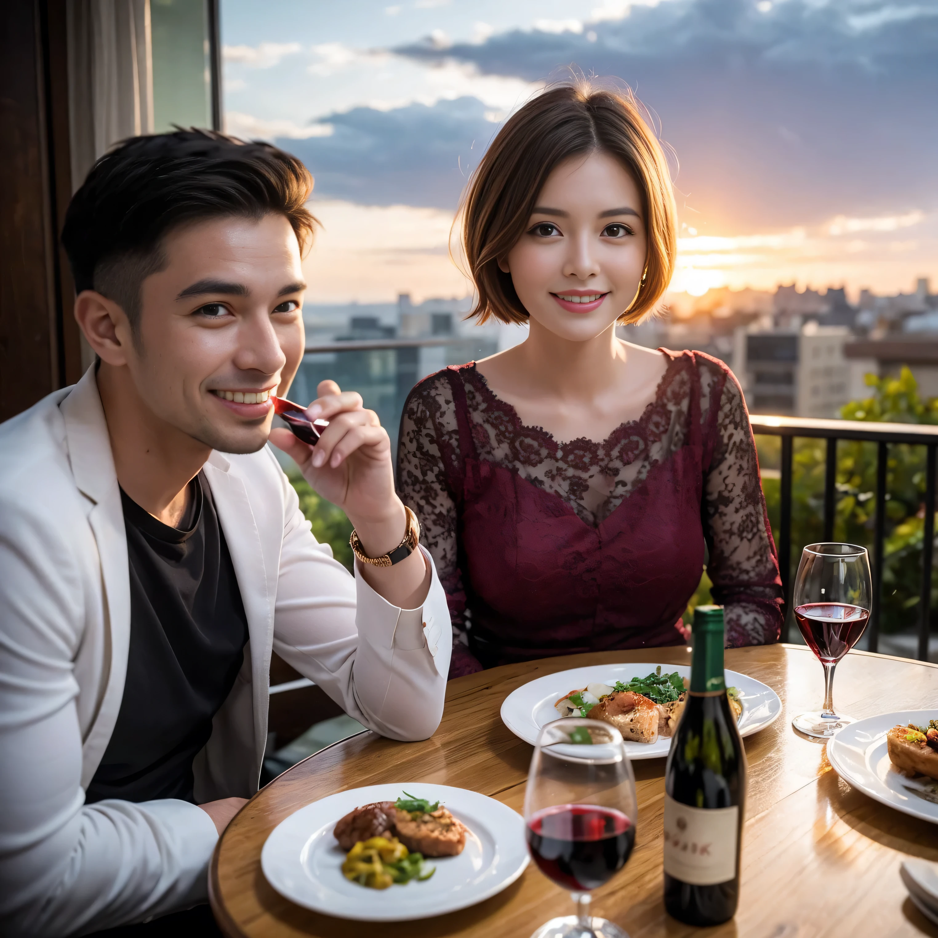 ((highest quality、8k、masterpiece:1.3))、 (Realistic, Real、Bright image、Intricate details:1.2), 1 male 1 female、Dan Rei-like beautiful couple、lover、couple、spouse、Beautiful couple、Happy smile、full-course dinner、 (Slim face), (Slim Body), (Brown Hair), (Short Hair), Wine glass on the table、Please put light on my face、 Amazing view of the sunset sky and clouds、 (Age 35), 39 years old, red wine 、Appetizers、Wine bottle、sparkling wine、Long sleeve shirt、dress、White wine, red wine, wine glass,