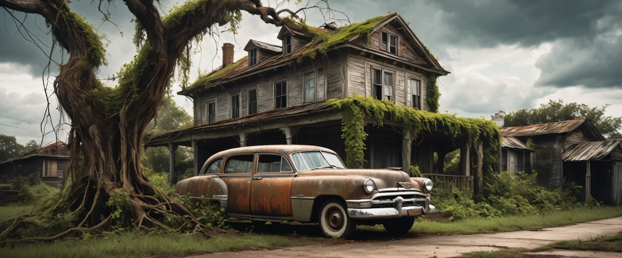 A weathered old house, overgrown with vines, a rusted vintage car parked in the driveway, a gnarled dead tree standing in the foreground, dramatic cloudy sky, cinematic lighting, muted earthy tones, high detail, photorealistic