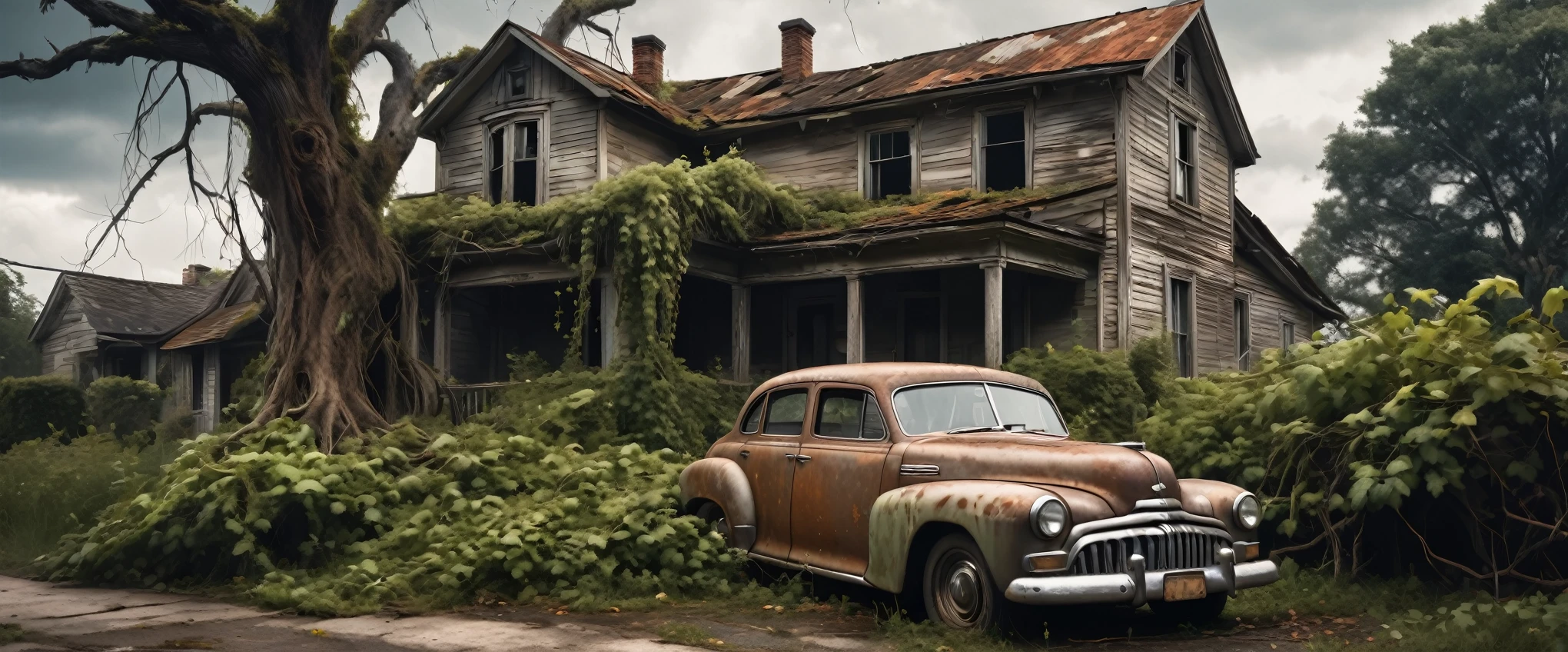 A weathered old house, overgrown with vines, a rusted vintage car parked in the driveway, a gnarled dead tree standing in the foreground, dramatic cloudy sky, cinematic lighting, muted earthy tones, high detail, photorealistic